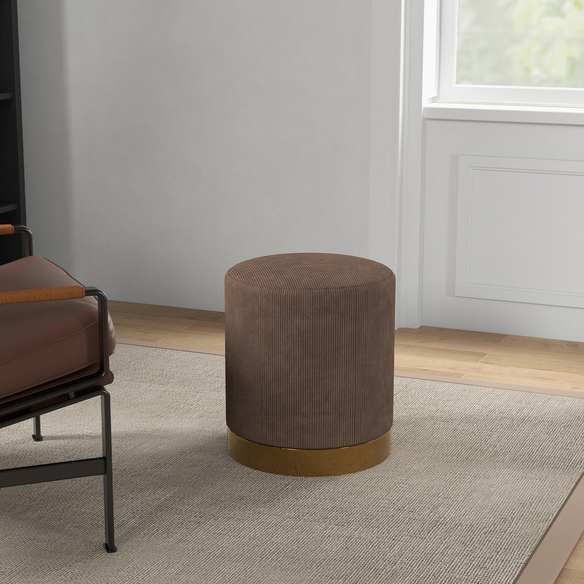HOMCOM Modern Round Footstool, Corduroy Fabric Upholstered Foot Stool with Padded Seat for Living Room, Entryway, Light Brown