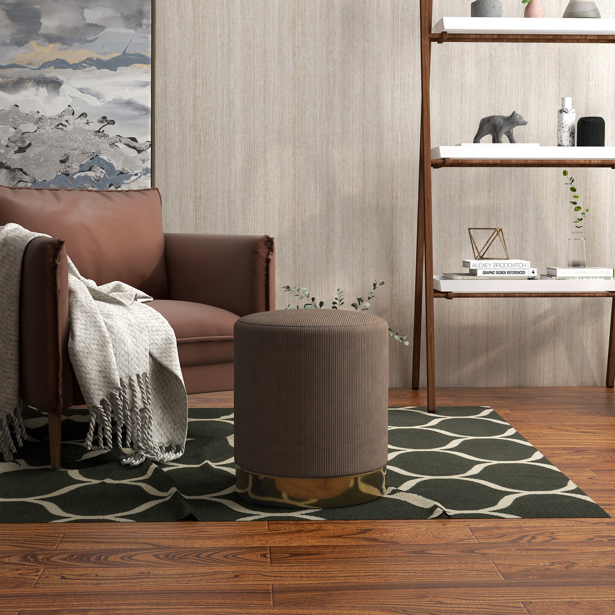 HOMCOM Modern Round Footstool, Corduroy Fabric Upholstered Foot Stool with Padded Seat for Living Room, Entryway, Light Brown