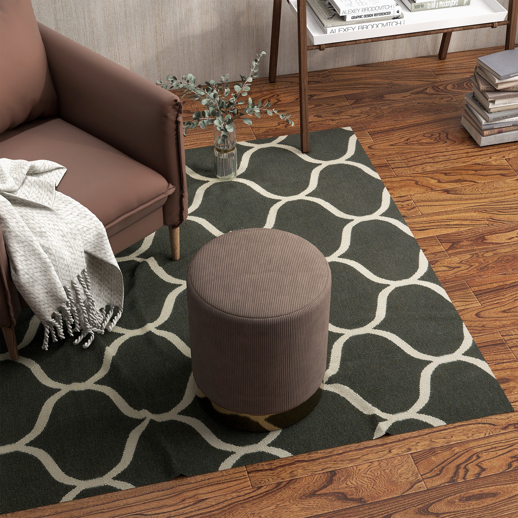 HOMCOM Modern Round Footstool, Corduroy Fabric Upholstered Foot Stool with Padded Seat for Living Room, Entryway, Light Brown
