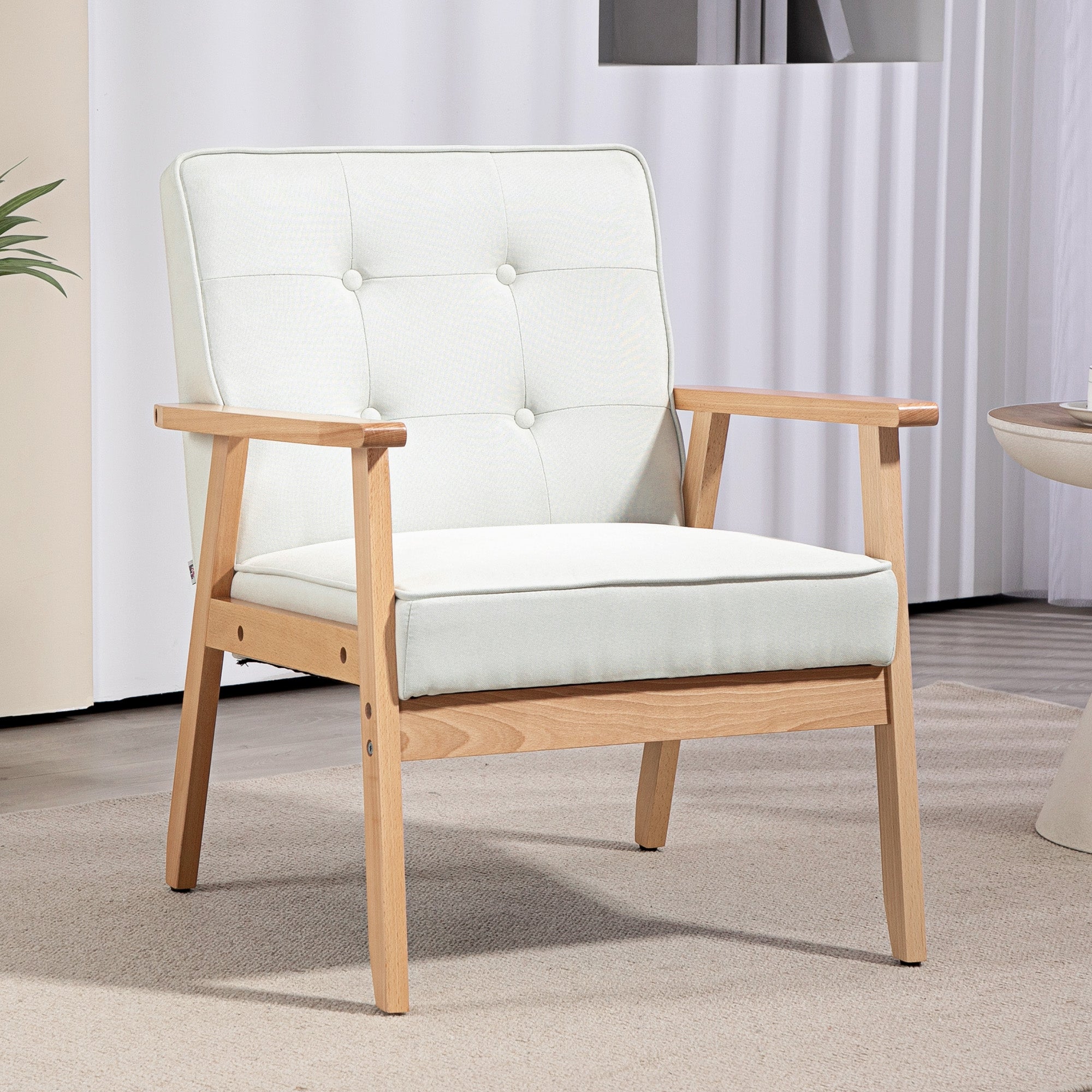 HOMCOM Fabric Accent Chair, Tufted Armchair, Modern Living Room Chair with Wood Legs and Thick Padding for Bedroom, Cream White