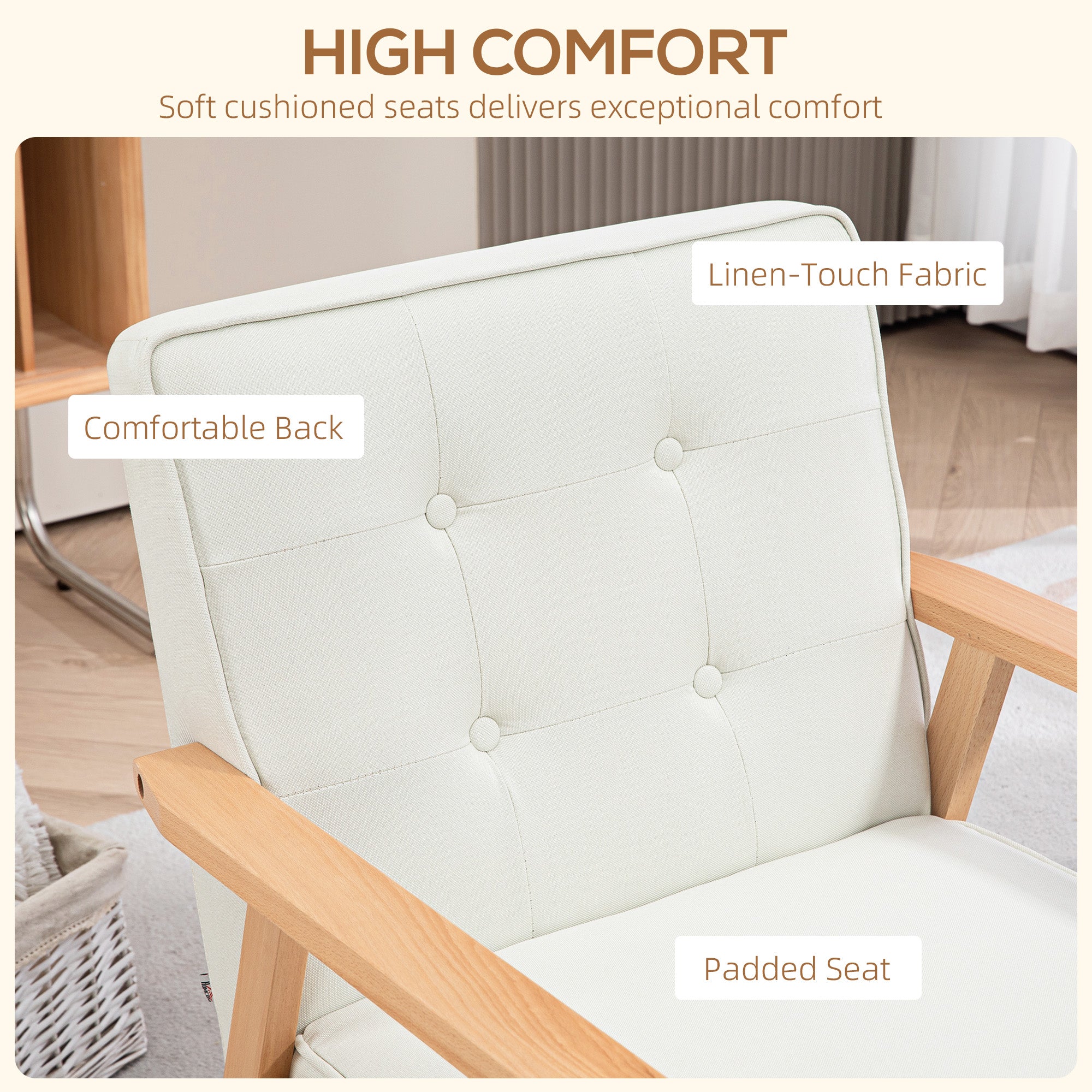 HOMCOM Fabric Accent Chair, Tufted Armchair, Modern Living Room Chair with Wood Legs and Thick Padding for Bedroom, Cream White