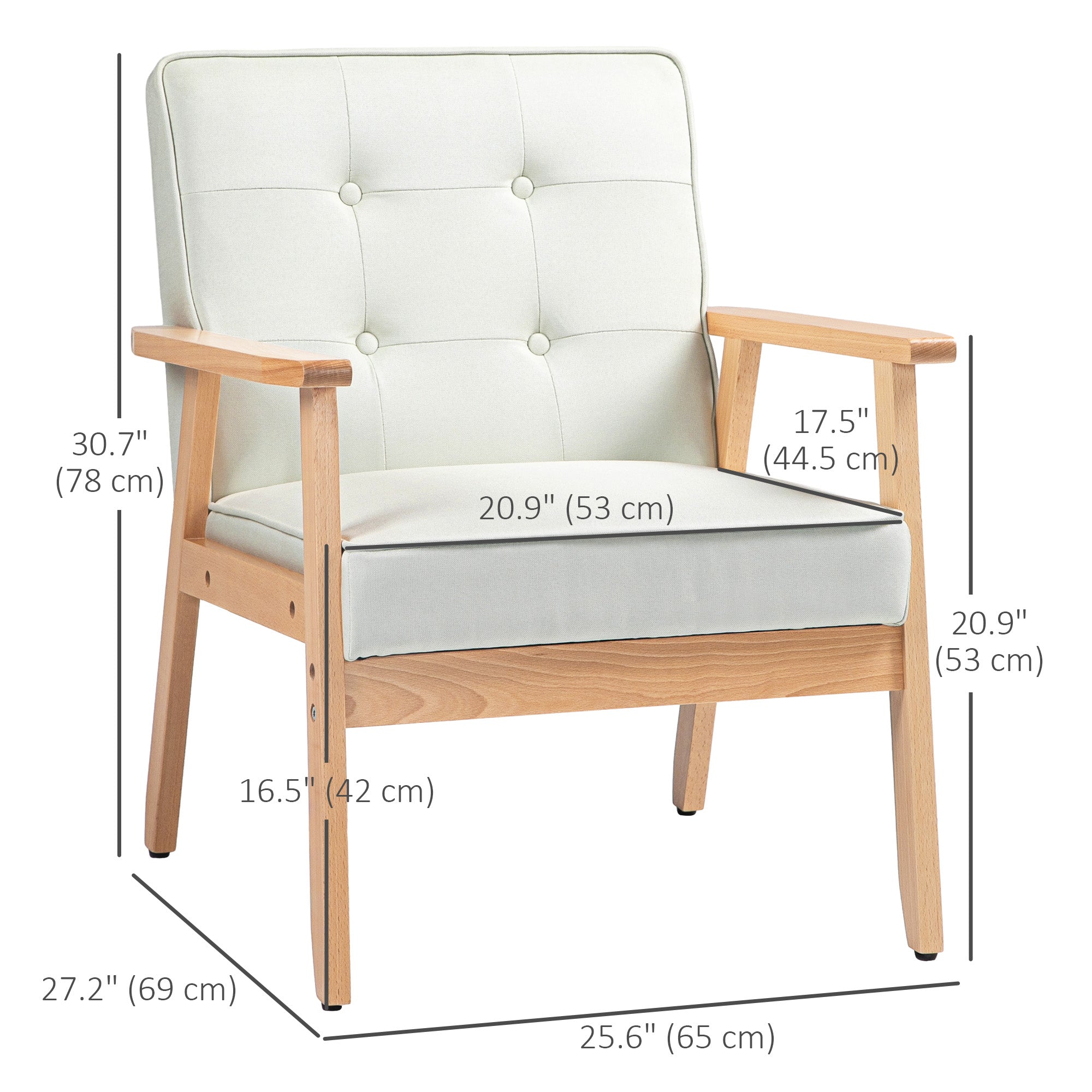 HOMCOM Fabric Accent Chair, Tufted Armchair, Modern Living Room Chair with Wood Legs and Thick Padding for Bedroom, Cream White