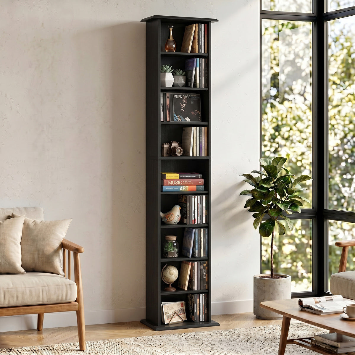 Slim Media Storage Cabinet, 9-Tier DVD Shelf with 7 Adjustable Shelves, 9 Compartments, Holds 252 CDs, 147 DVDs or 189 Blu-rays, Black