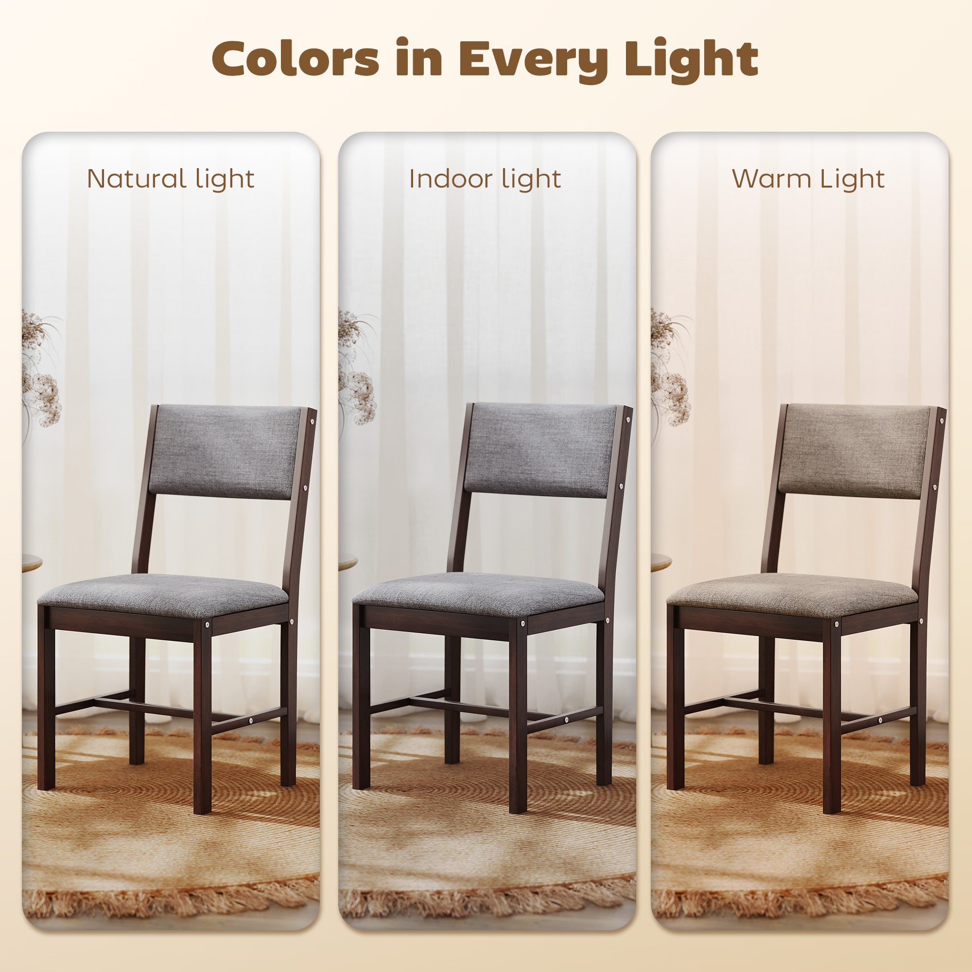 Modern Dining Chairs Set of 4, Linen Fabric Upholstered Kitchen Chairs with Rubberwood Legs for Dining Room, Living Room, Walnut and Gray