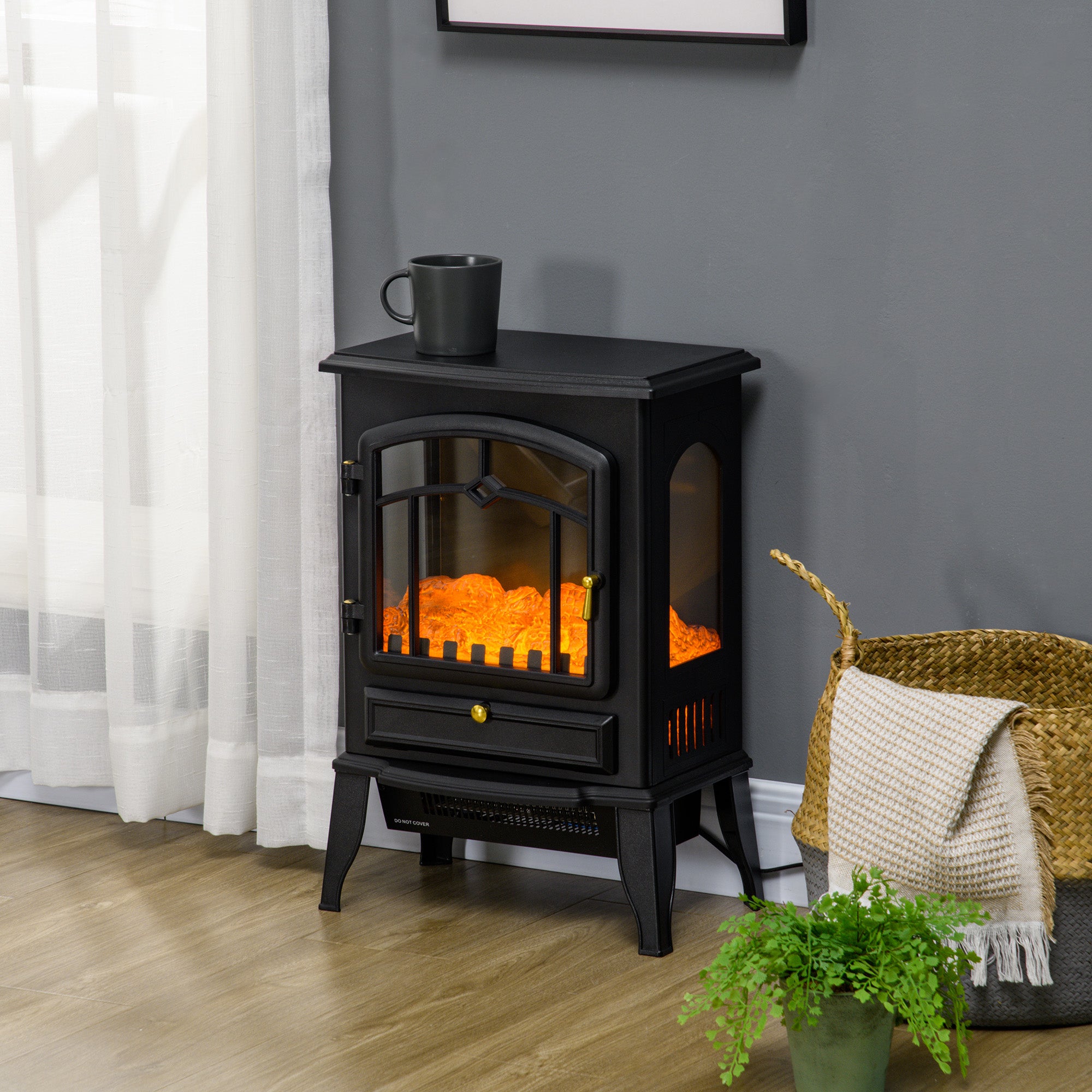 Electric Fireplace Heater Freestanding Stove with 3 Side Realistic Flame 750W/1500W Black