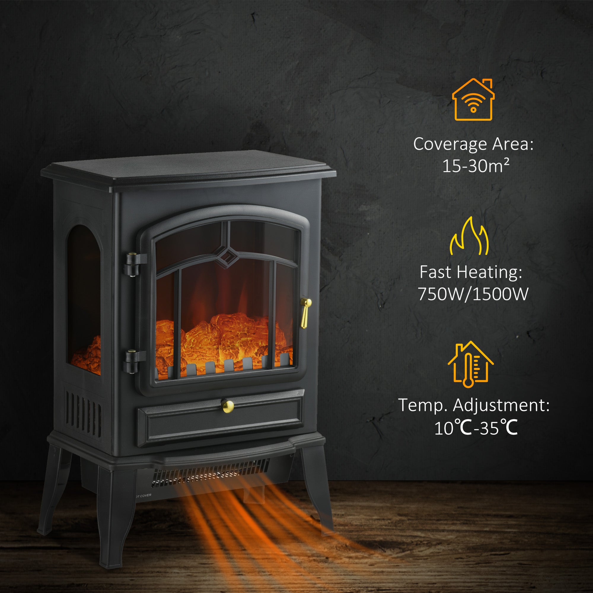 Electric Fireplace Heater Freestanding Stove with 3 Side Realistic Flame 750W/1500W Black