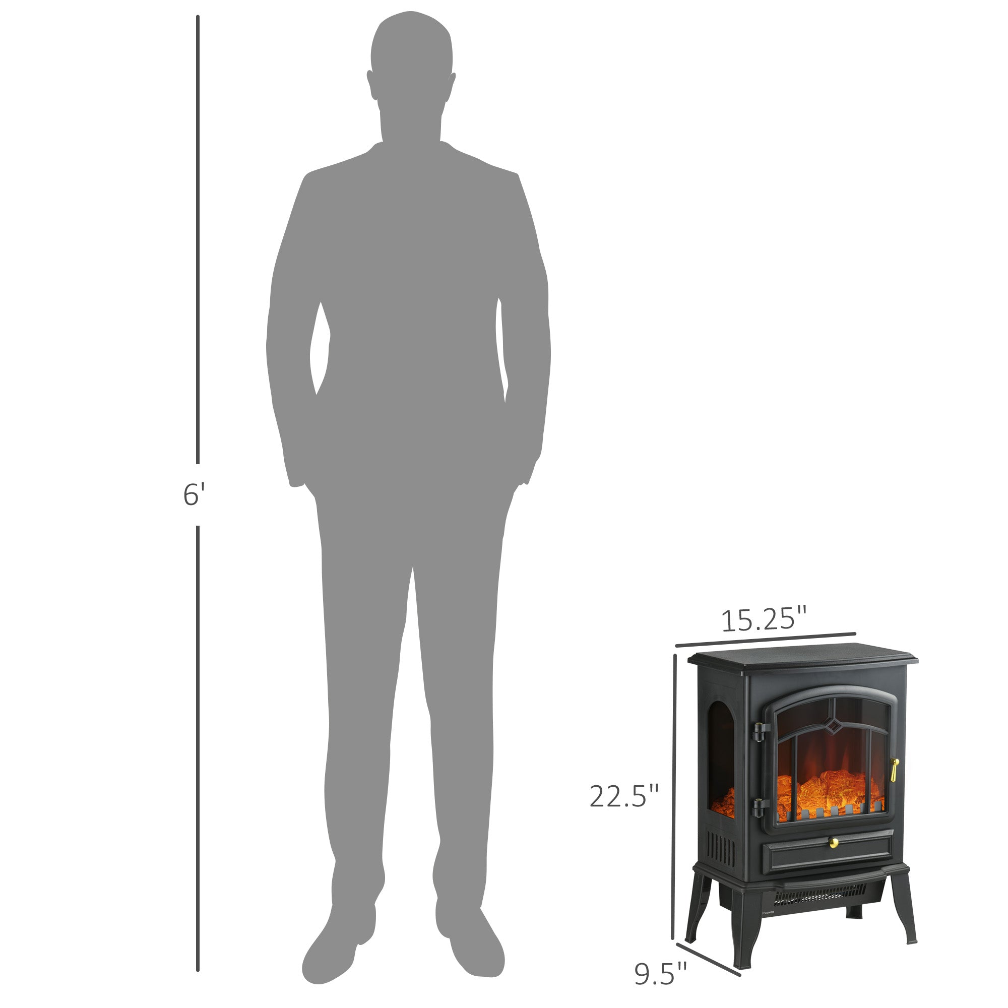 Electric Fireplace Heater Freestanding Stove with 3 Side Realistic Flame 750W/1500W Black