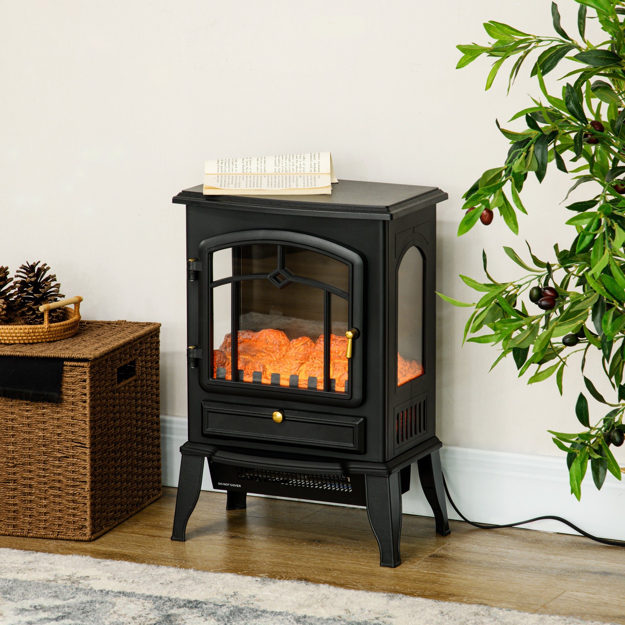 Electric Fireplace Heater Freestanding Stove with 3 Side Realistic Flame 750W/1500W Black