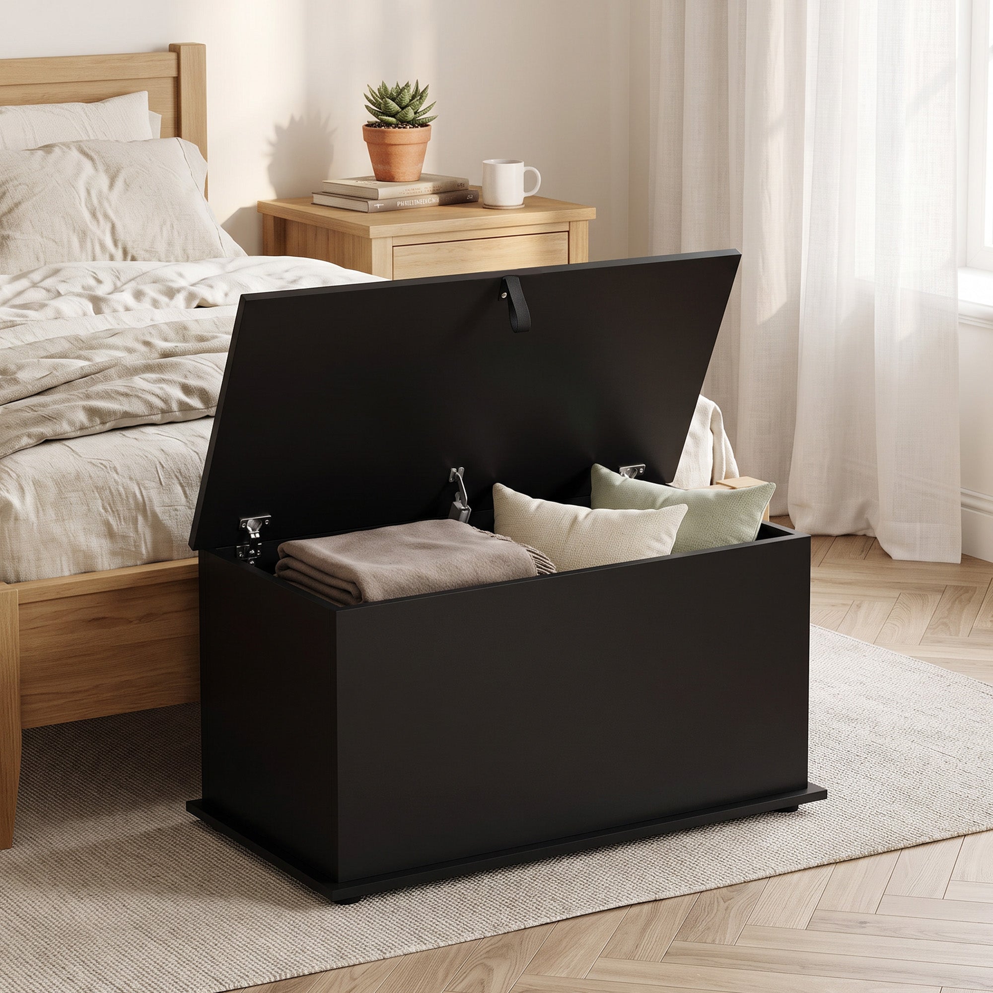 Storage Chest, Large 102L Blanket Box, Shoe Bench with Safety Hinged Lid, Storage Trunk, Bed End Bench for Bedroom, Hallway, Living room, Playroom, 80 x 40 x 45cm, Black