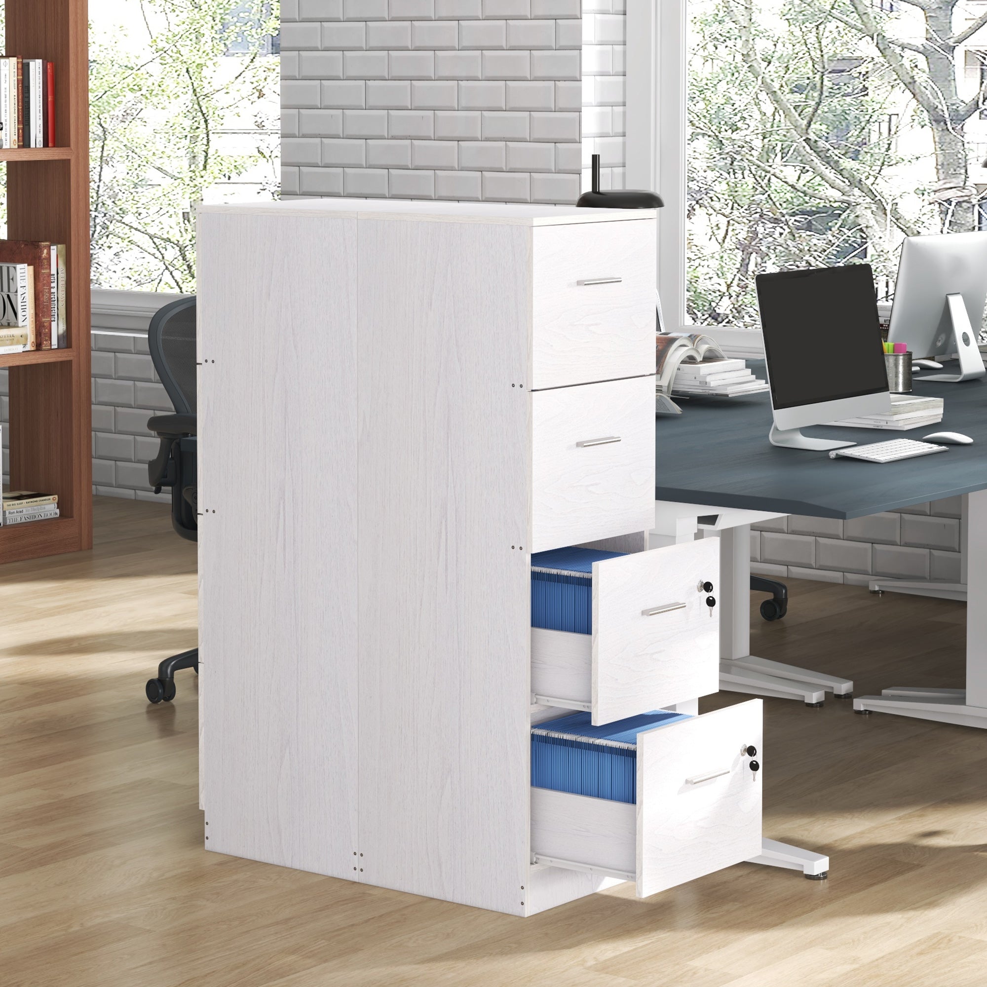 HOMCOM File Cabinet with 4 Drawers for Home Office, Vertical Filing Cabinet with Lock, Adjustable Hanging Bar for A4 and Letter Size, White