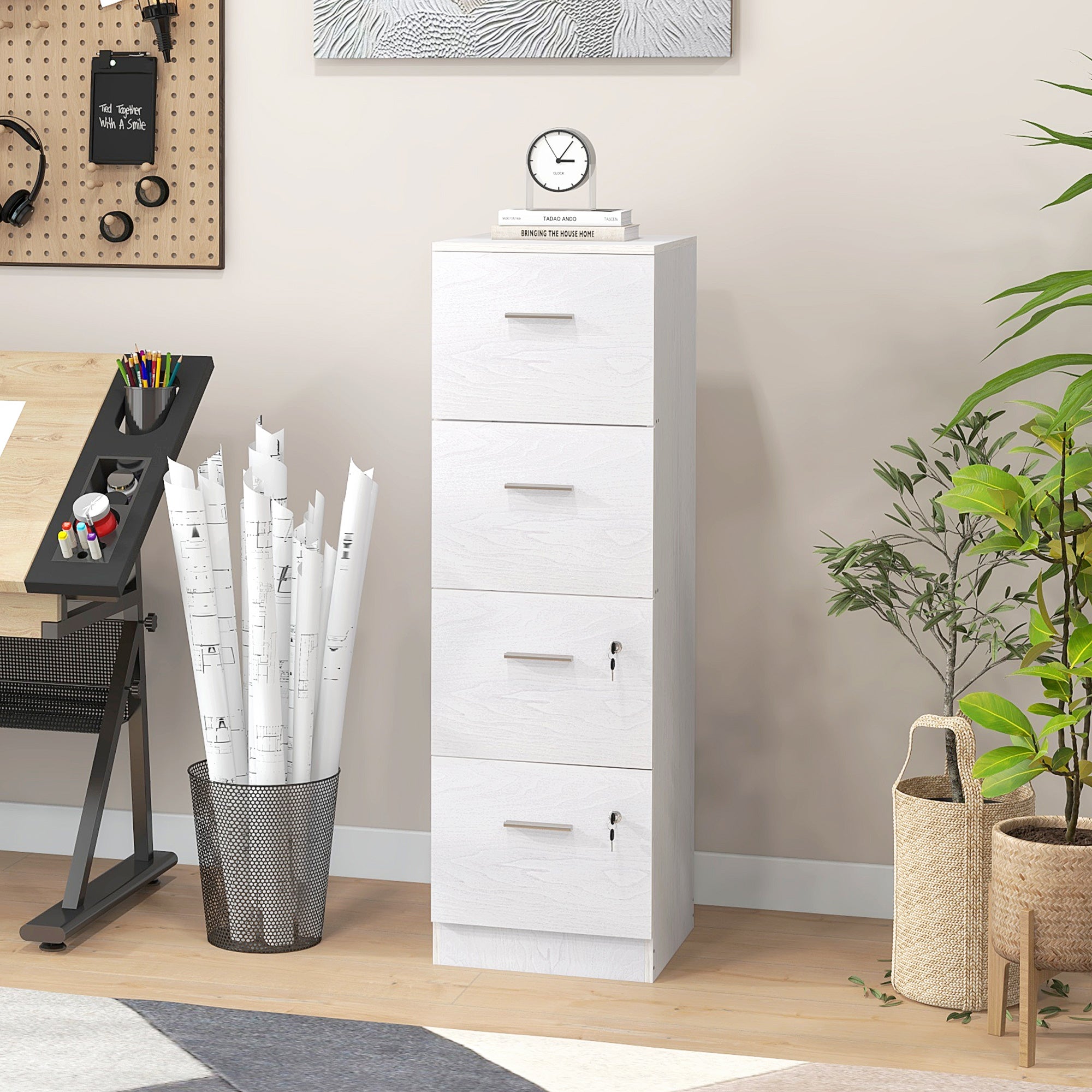 HOMCOM File Cabinet with 4 Drawers for Home Office, Vertical Filing Cabinet with Lock, Adjustable Hanging Bar for A4 and Letter Size, White