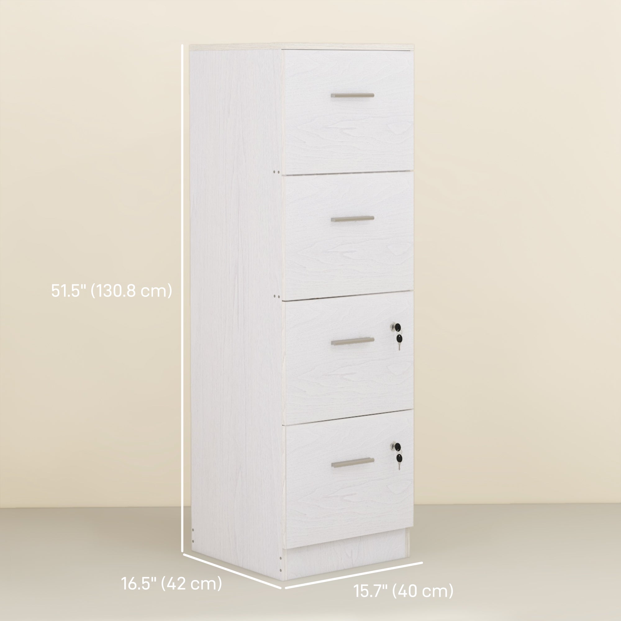 HOMCOM File Cabinet with 4 Drawers for Home Office, Vertical Filing Cabinet with Lock, Adjustable Hanging Bar for A4 and Letter Size, White