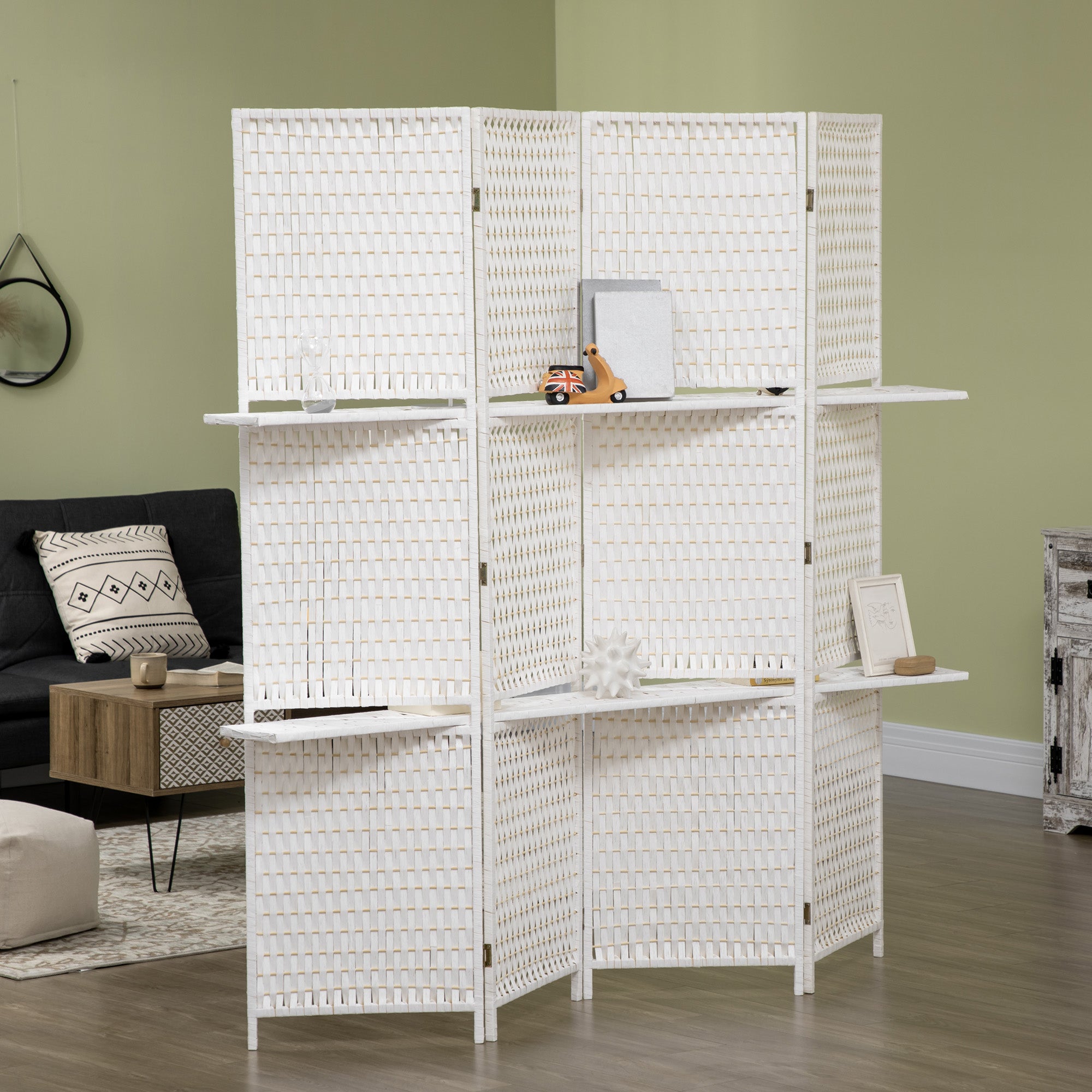 4 Panel Room Divider with Shelves, 6 FT Wave Fibre Freestanding Folding Privacy Screen, Partition Wall Divider for Indoor Bedroom Office, White