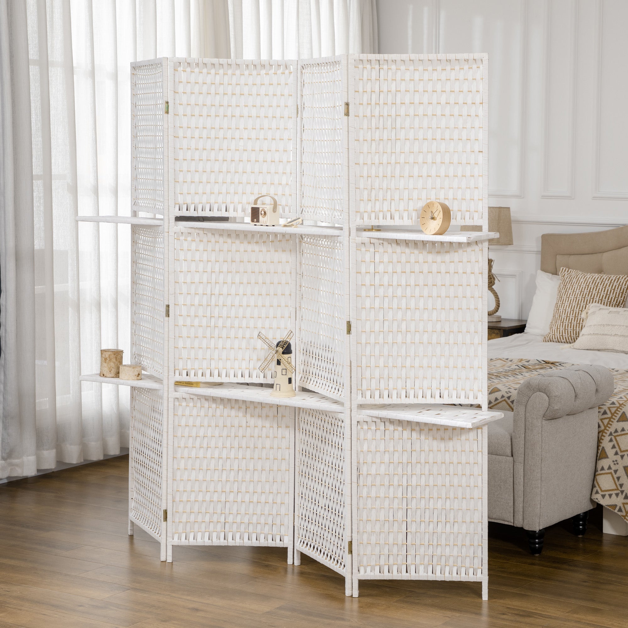 4 Panel Room Divider with Shelves, 6 FT Wave Fibre Freestanding Folding Privacy Screen, Partition Wall Divider for Indoor Bedroom Office, White