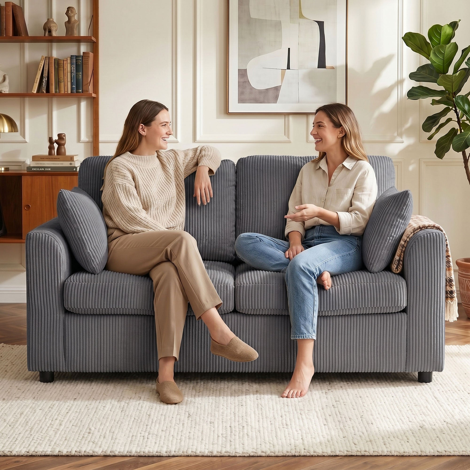 2 Seater Sofa, 144cm Corduroy Small Couch with Spring Cushion, Wide and Deep Seat, Plush Backrest, 2 Pillows, Loveseat Sofa Settee for Small Space, Living Room, Bedroom, Home Office, Dark Grey