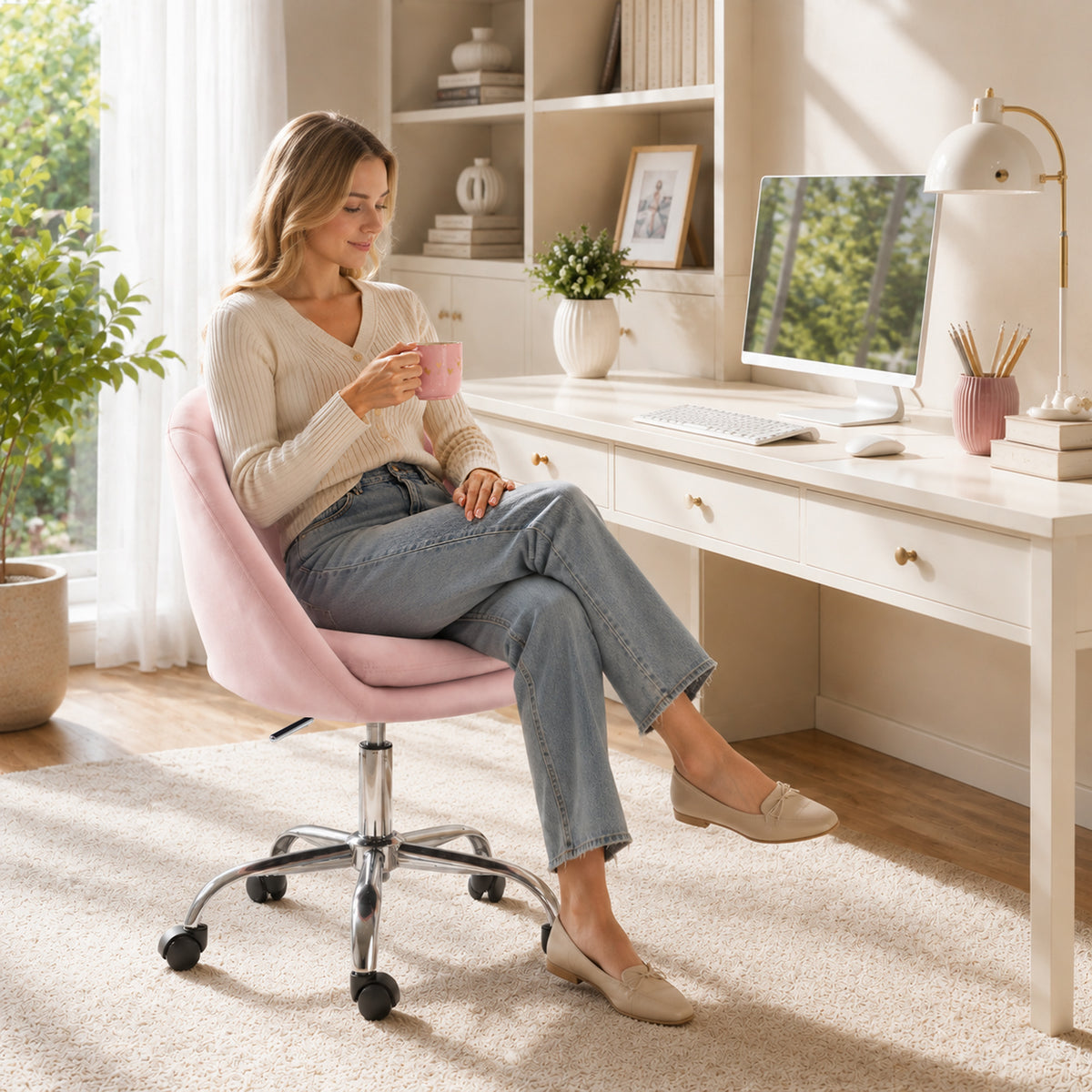 Modern Office Chair, Velvet Desk Chair with Swivel Seat, Height-Adjustable, with Wheels, for Home Study, Bedroom, Pink