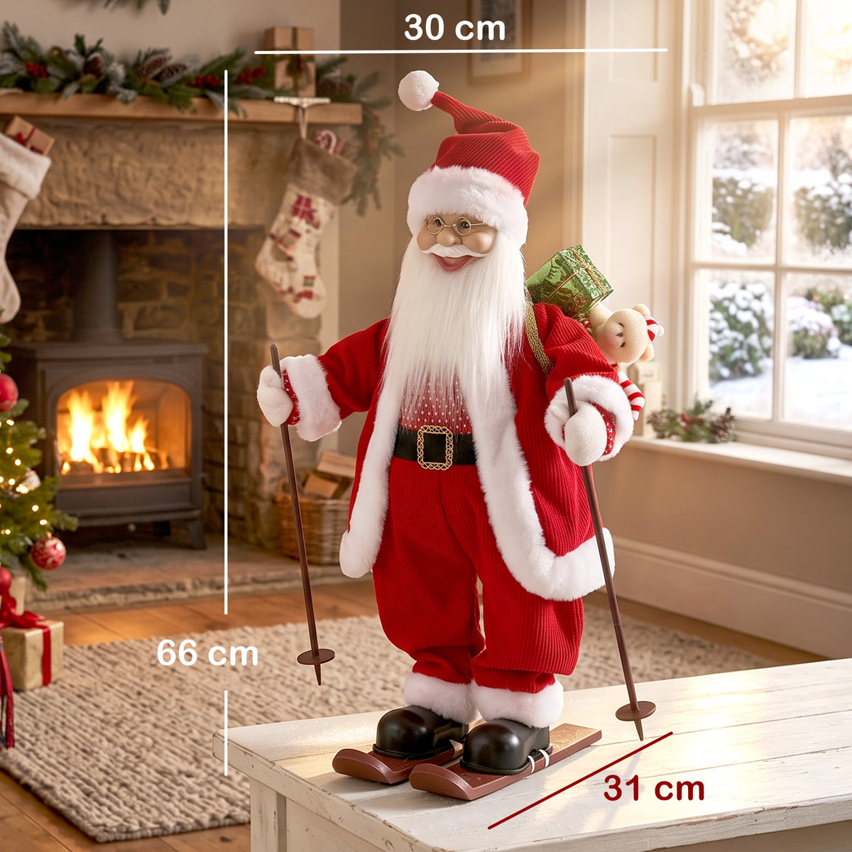 2ft Singing Skiing Santa Claus, 66 cm Standing Musical Animated Santa with Ski Board, Poles, Sack, Posable Arms, Handcrafted, Sound Touch Activated, Moving Christmas Figure Decoration