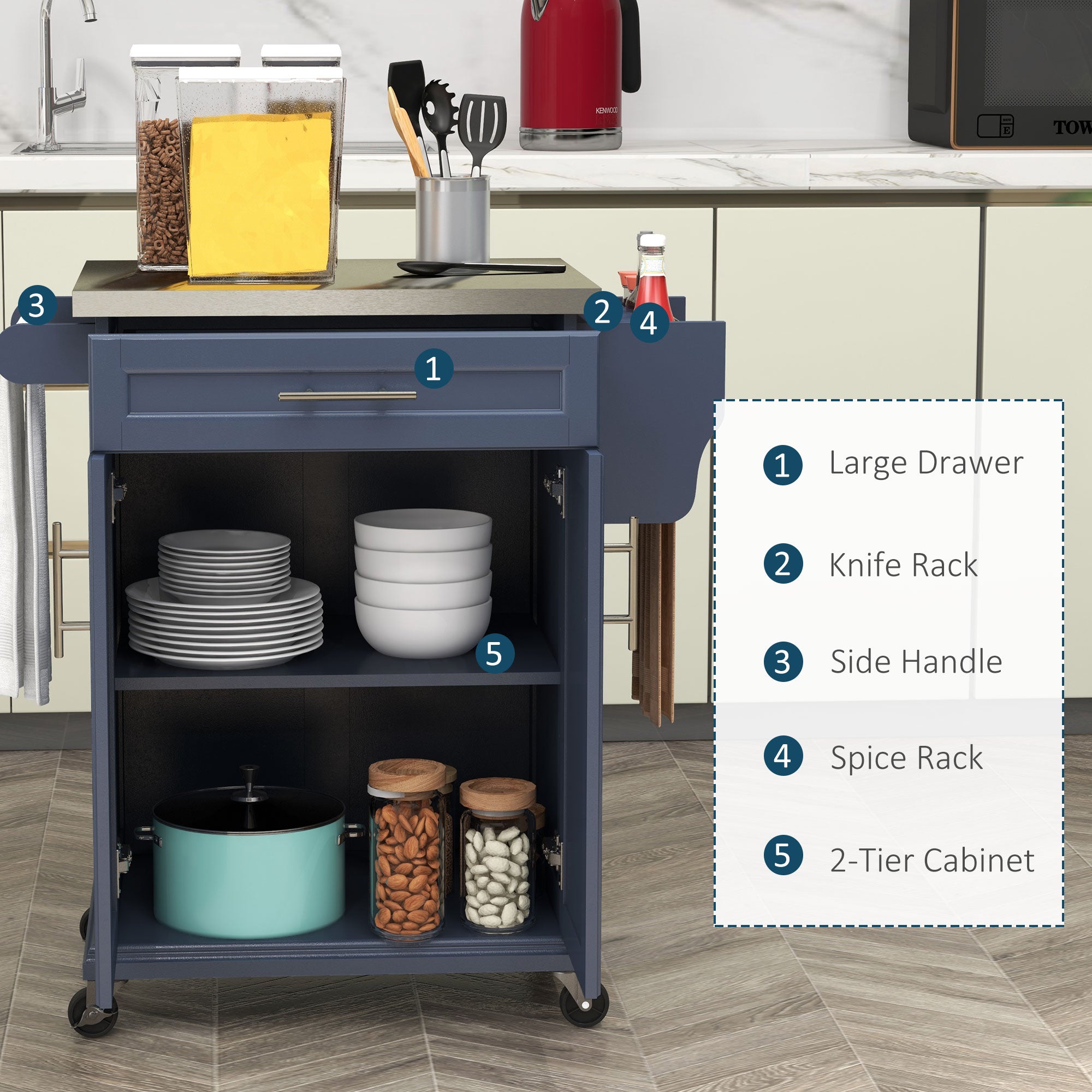 Kitchen Island with Wheels, Rolling Kitchen Island with Storage, Stainless Steel Countertop for Dining Room, Deep Blue