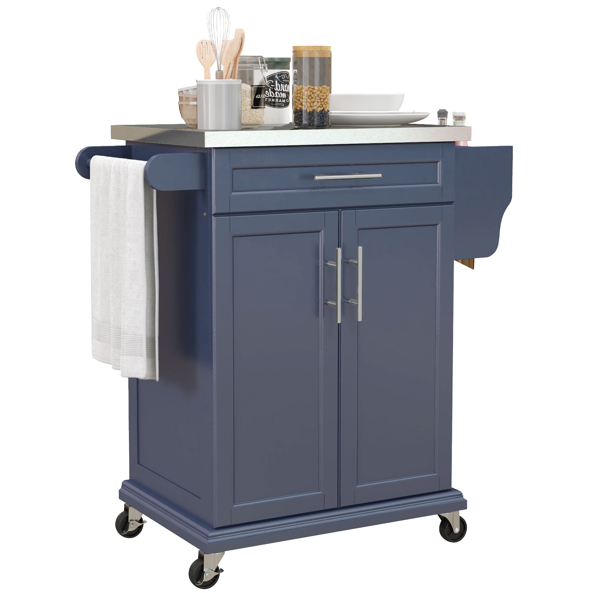 Kitchen Island with Wheels, Rolling Kitchen Island with Storage, Stainless Steel Countertop for Dining Room, Deep Blue