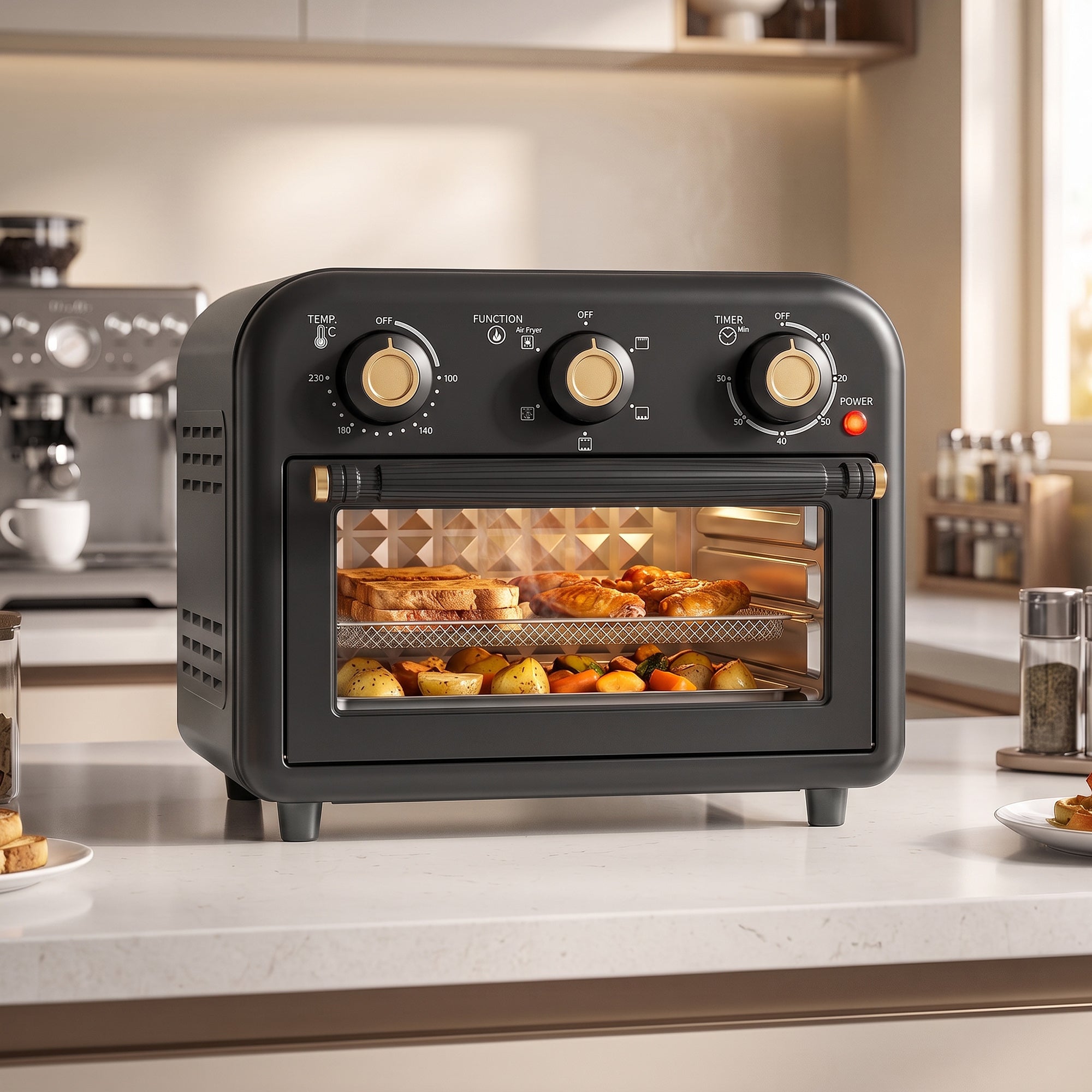Air Fryer Toaster Oven, 12 L Small Convection Countertop Oven with Knob Controls, Baking Tray and Fry Basket, Adjustable Temperature, Timer, Dishwasher Safe, 1200W, Steel, Black