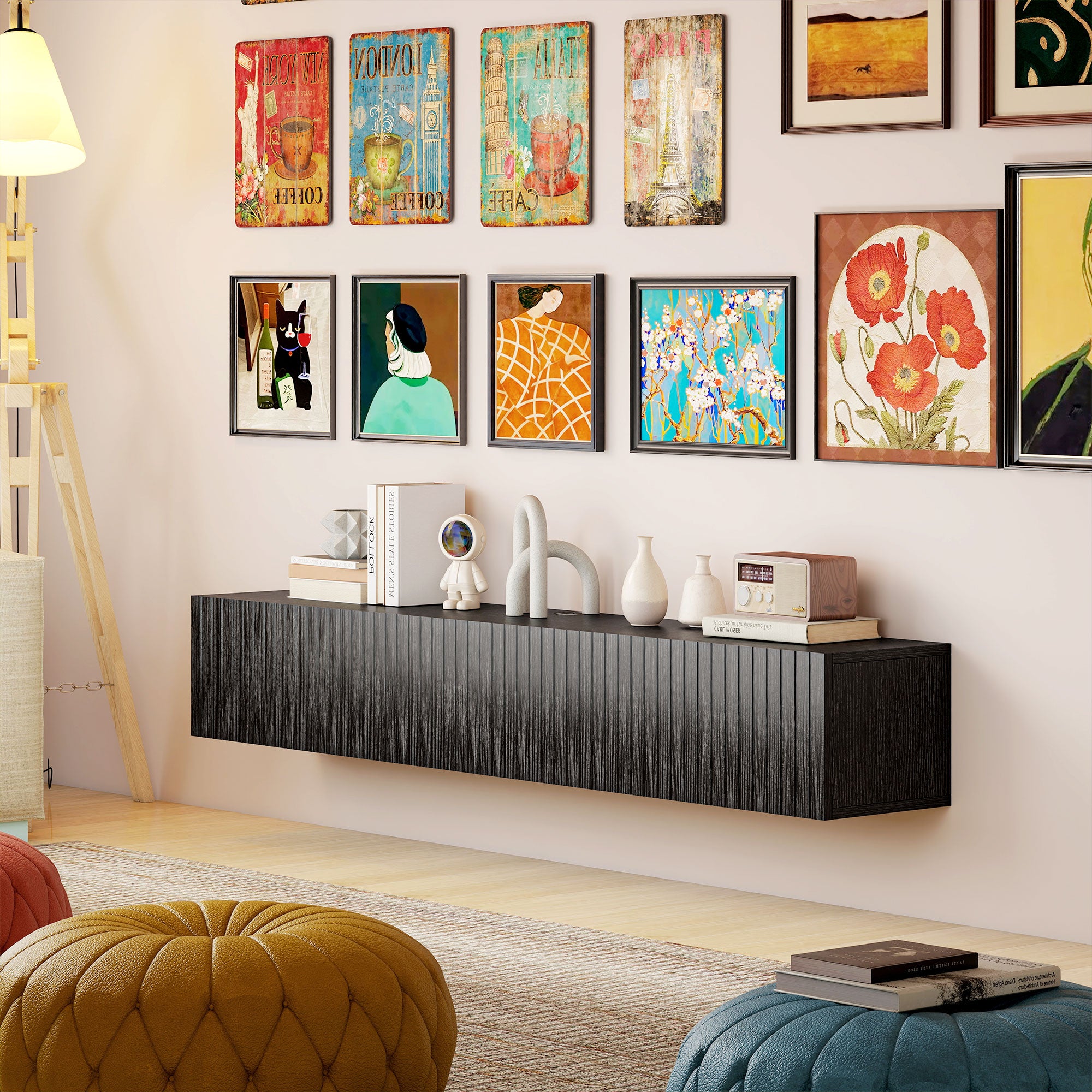 Floating TV Unit for Television up to 72 Inch, 180cm Wall Mount TV Stand Cabinet with Fluted Flip-Down Doors, Cable Management Hole, Entertainment Media Console for Living Room, Bedroom, Black