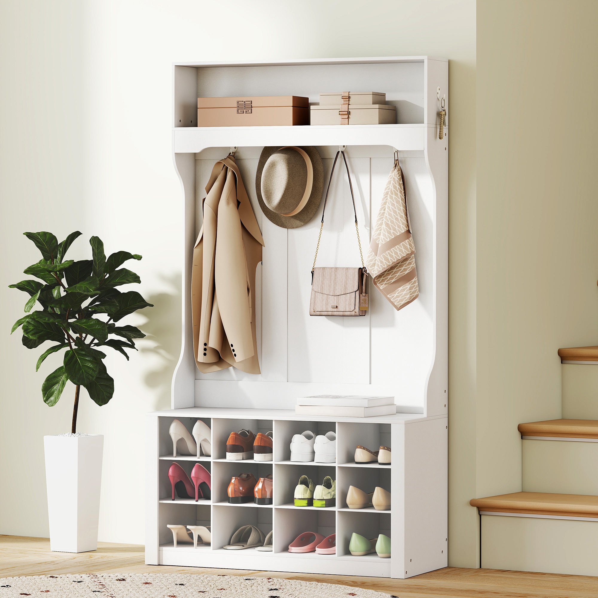 4-In-1 Hall Tree with Bench and Shoe Storage, Farmhouse Entryway Coat Rack Shoe Bench with 12 Shoe Cubbies, 6 Hooks and Open Shelf for Hallway, White
