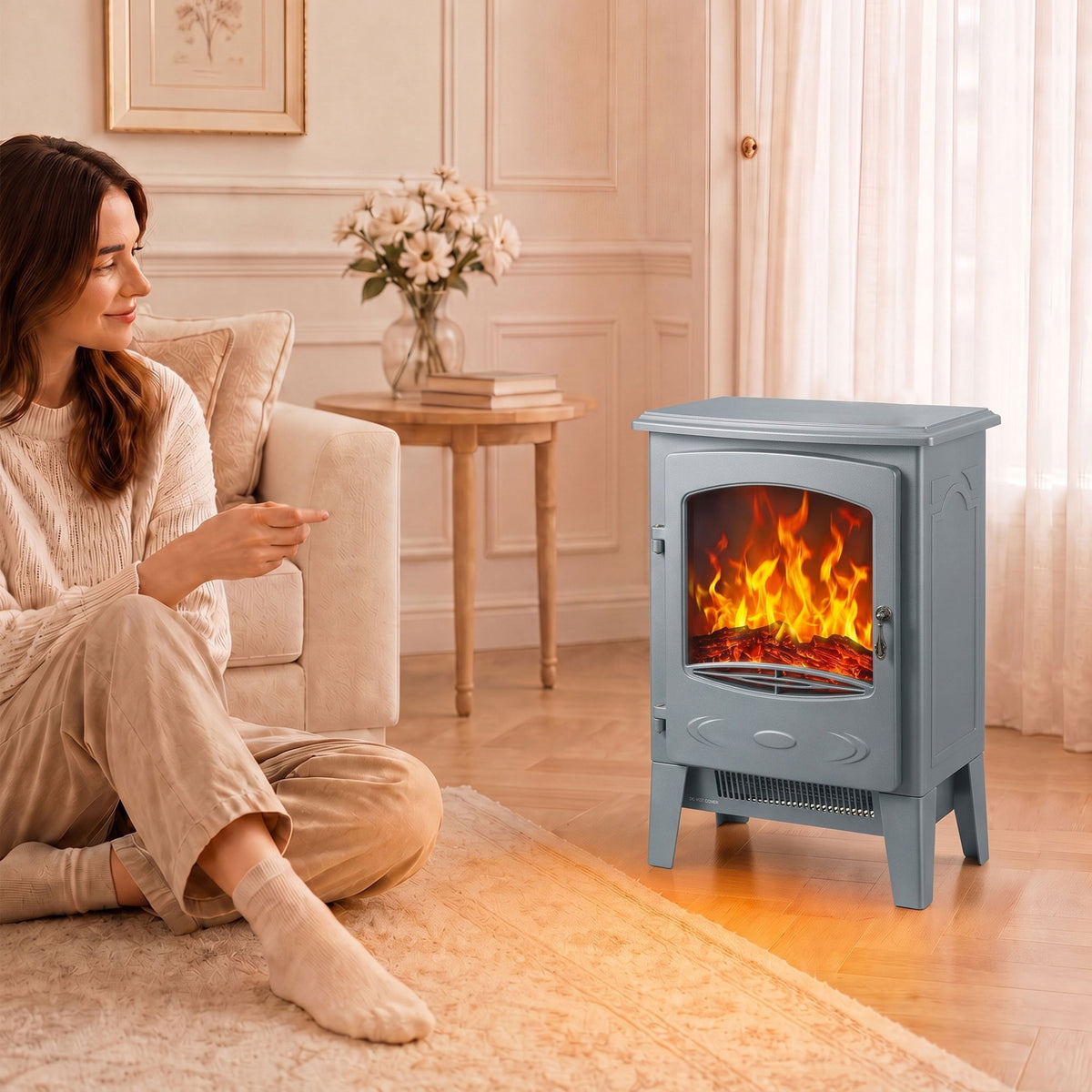 Electric Fireplace Stove, Freestanding Log Burner, 1000W/2000W, Portable Electric Fire Fan Heater with LED Flame Effect, Adjustable Thermostat, Tempered Glass, Overheat Protection， Grey