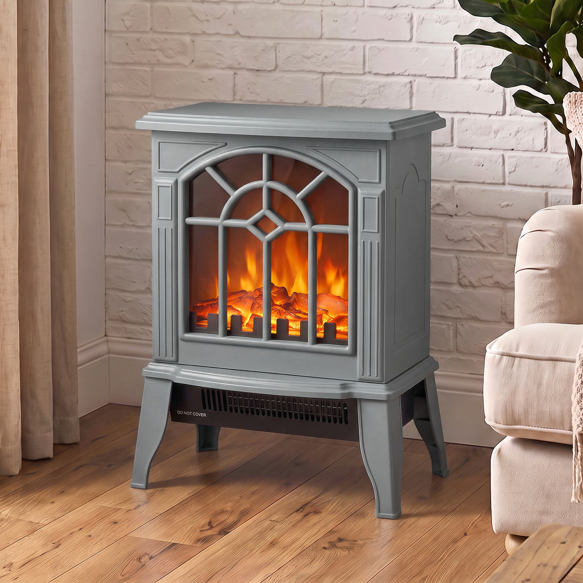 Freestanding Electric Fireplace, Electric Log Burner with LED Flame Effect, Overheating Safety System, 1000W/2000W, Grey