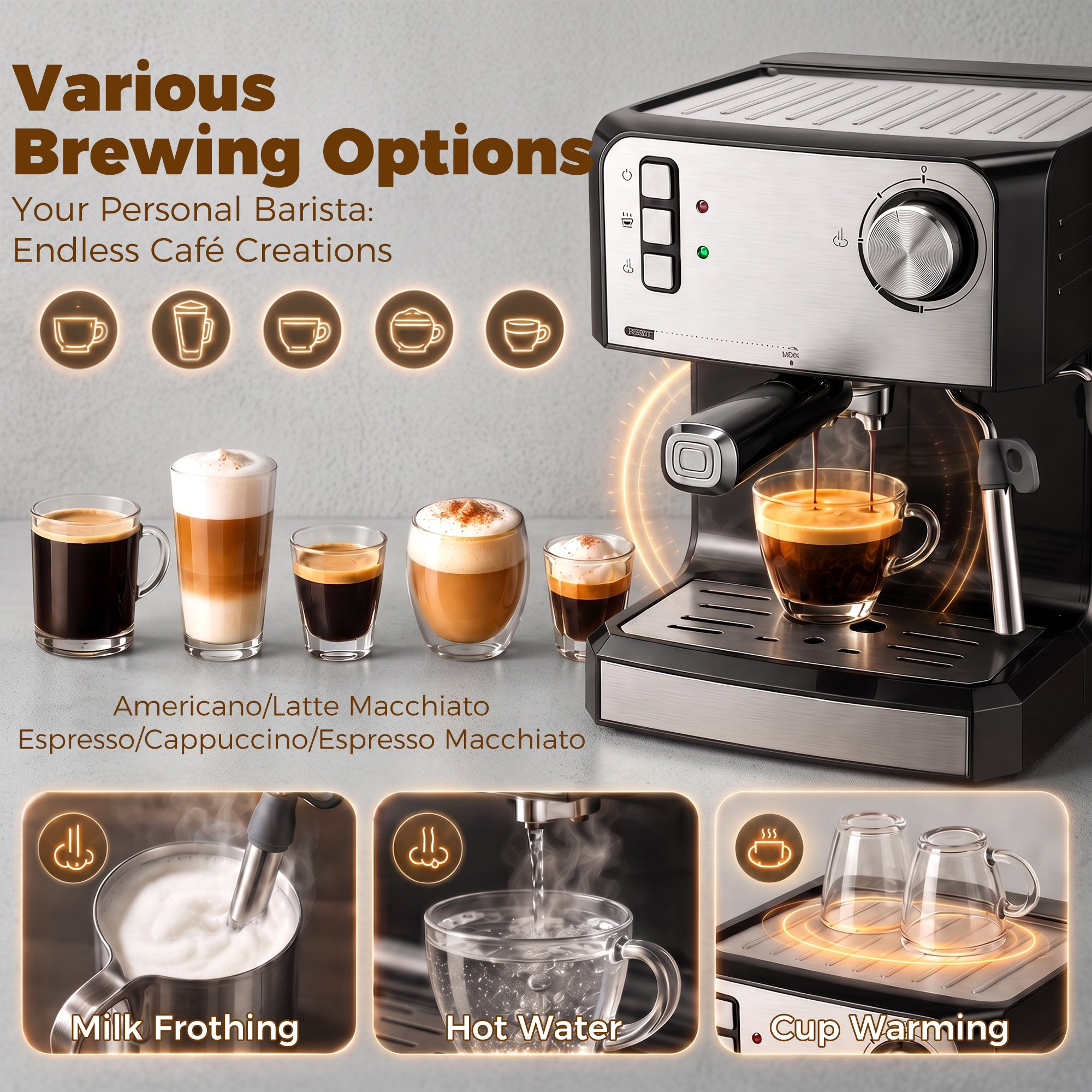 Espresso Machine with Milk Frother Wand, 1.6 L Water Tank, 850W Semi Automatic 20 Bar Coffee Machine, Latte and Cappuccino Maker with Double Shot, Hot Water, Cup Warming, Black and Silver
