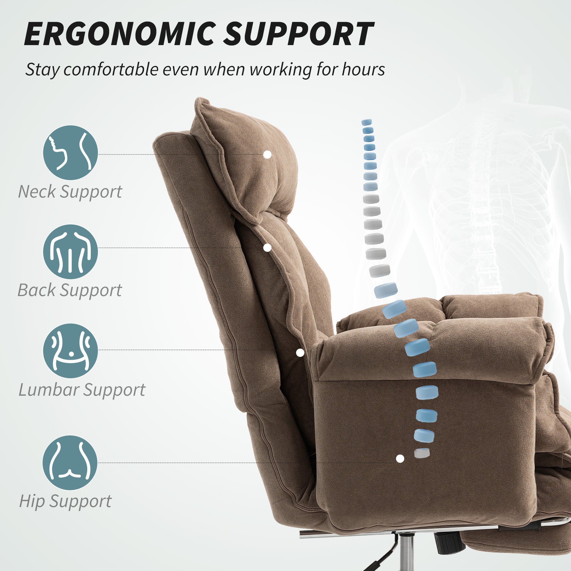 Executive Office Chair with Footrest, Reclining Swivel Computer Desk Chair with High Back, Double-layer Padding, Headrest, Adjustable Height, Rolling Wheels, Light Brown