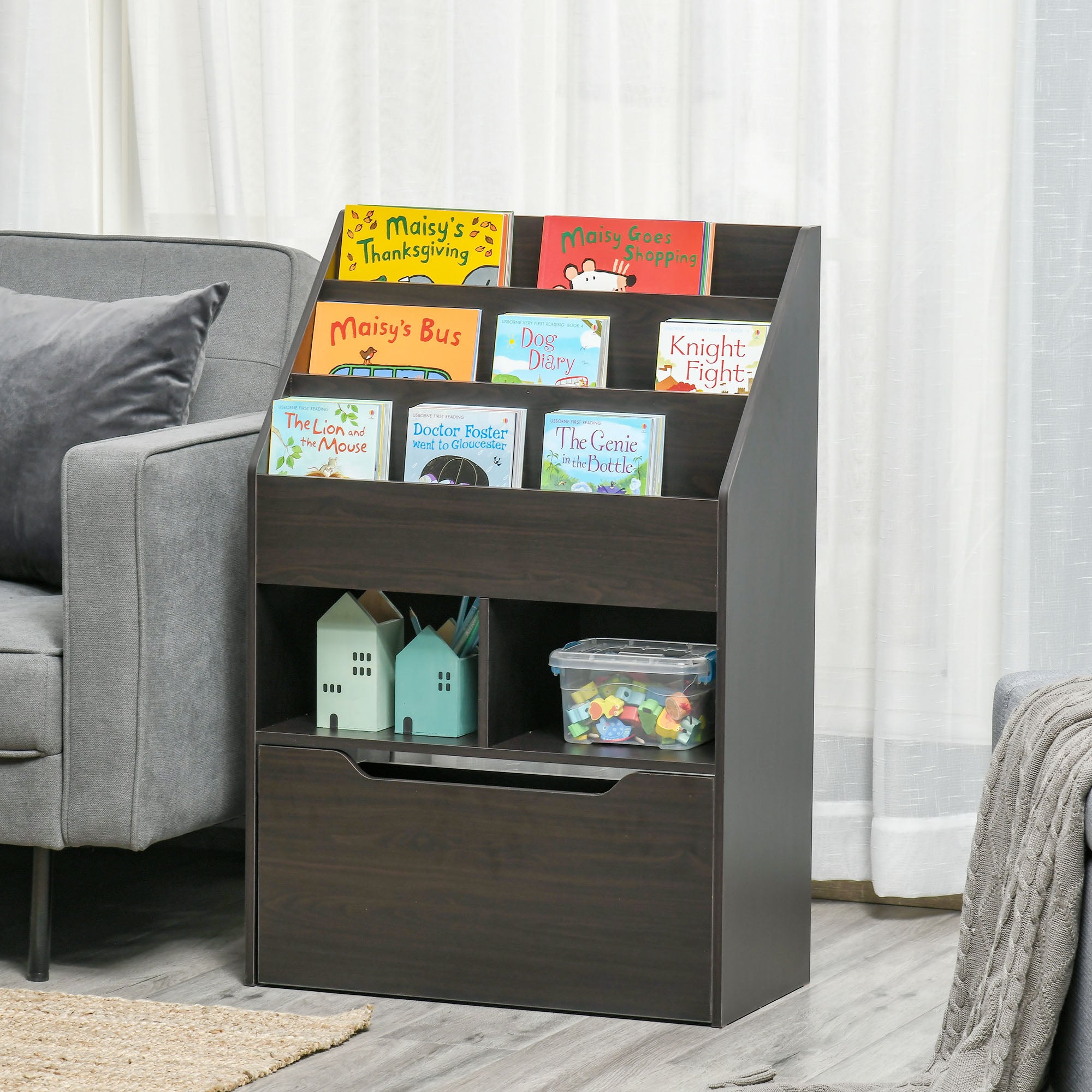 Kids Bookcase Multi-Shelf Book Rack with Mobile Drawer for Books, Toy,Brown