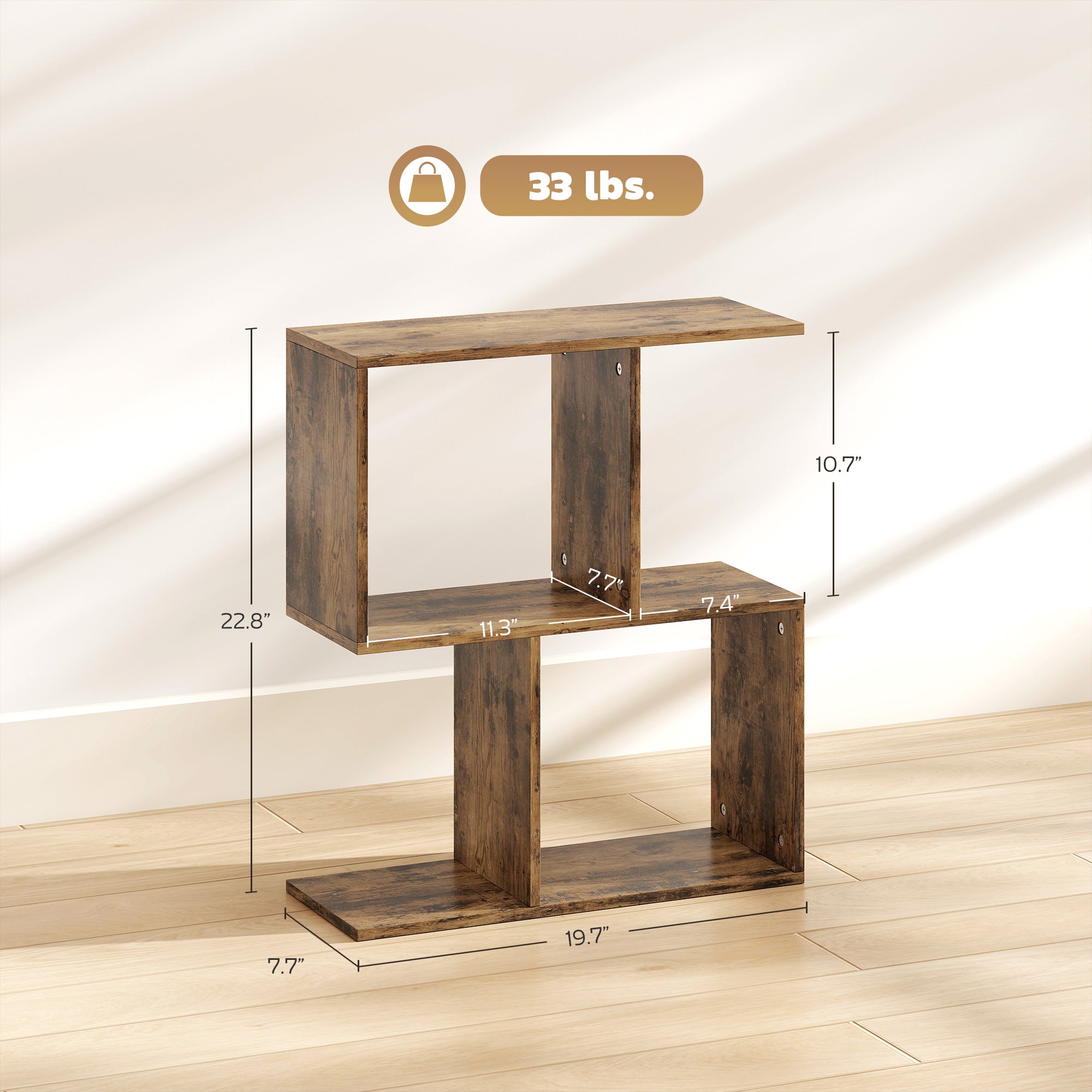 Wood-Grain Finish Side Table, S-Shaped Narrow End Table with 3-Tier Storage Shelves for Living Room, 19.7" W x 7.7" D x 22.8" H, Rustic Brown