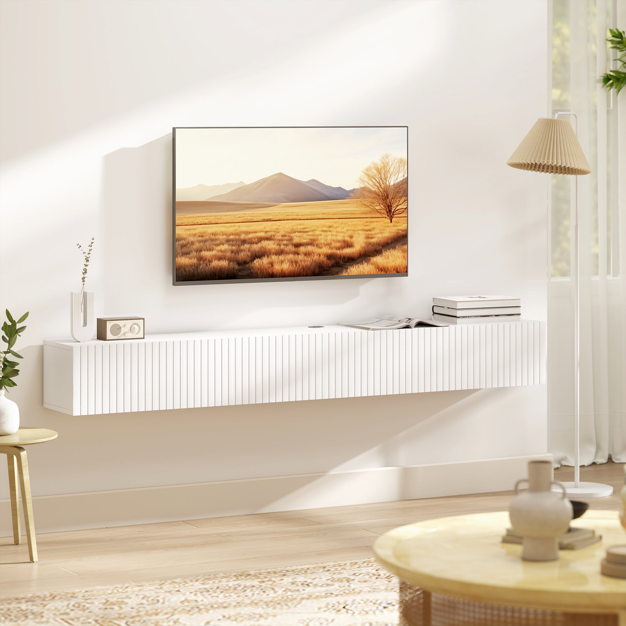 Floating TV Unit for Television up to 72 Inch, 180cm Wall Mount TV Stand Cabinet with Fluted Flip-Down Doors, Cable Management Hole, Entertainment Media Console for Living Room, Bedroom, White