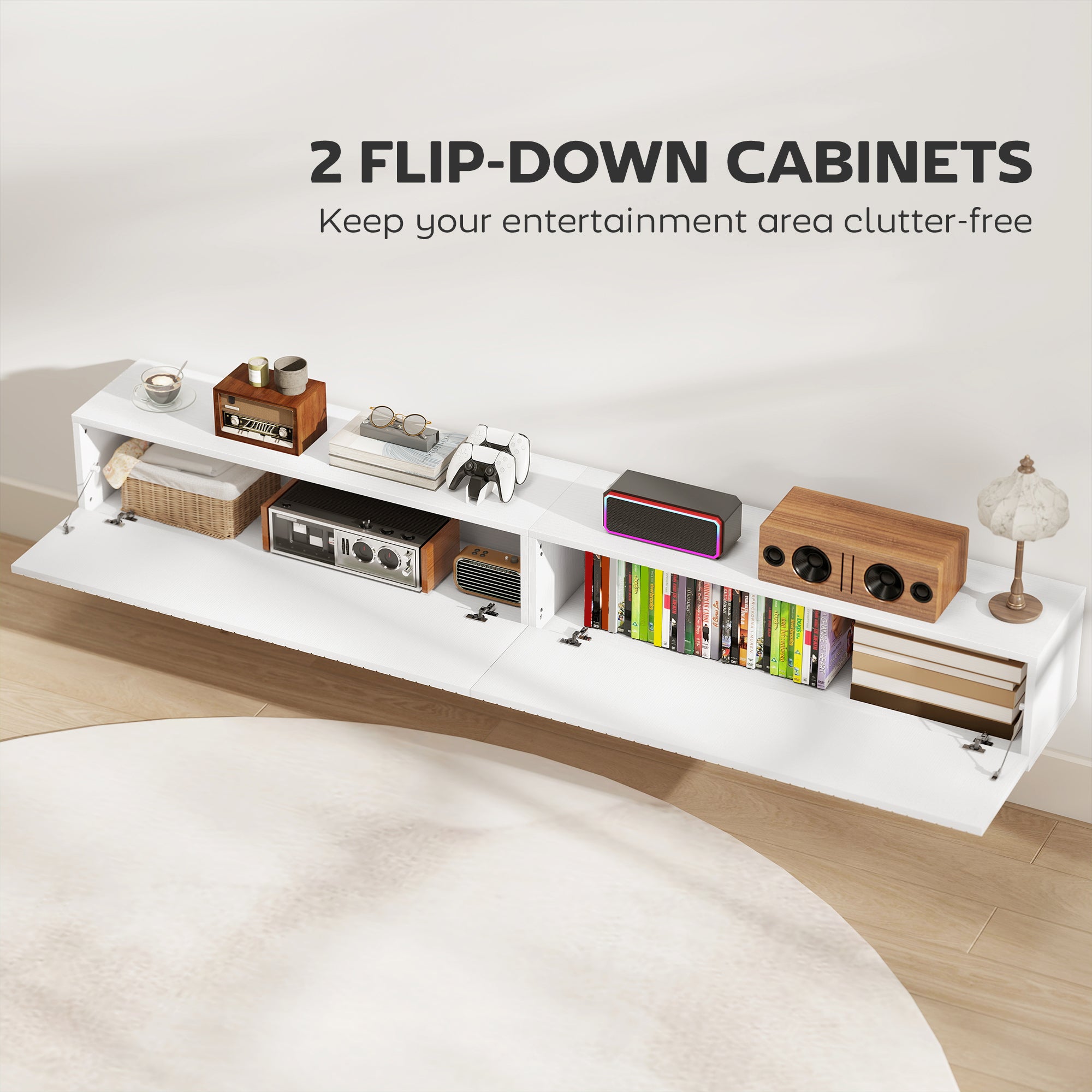 Floating TV Unit for Television up to 72 Inch, 180cm Wall Mount TV Stand Cabinet with Fluted Flip-Down Doors, Cable Management Hole, Entertainment Media Console for Living Room, Bedroom, White