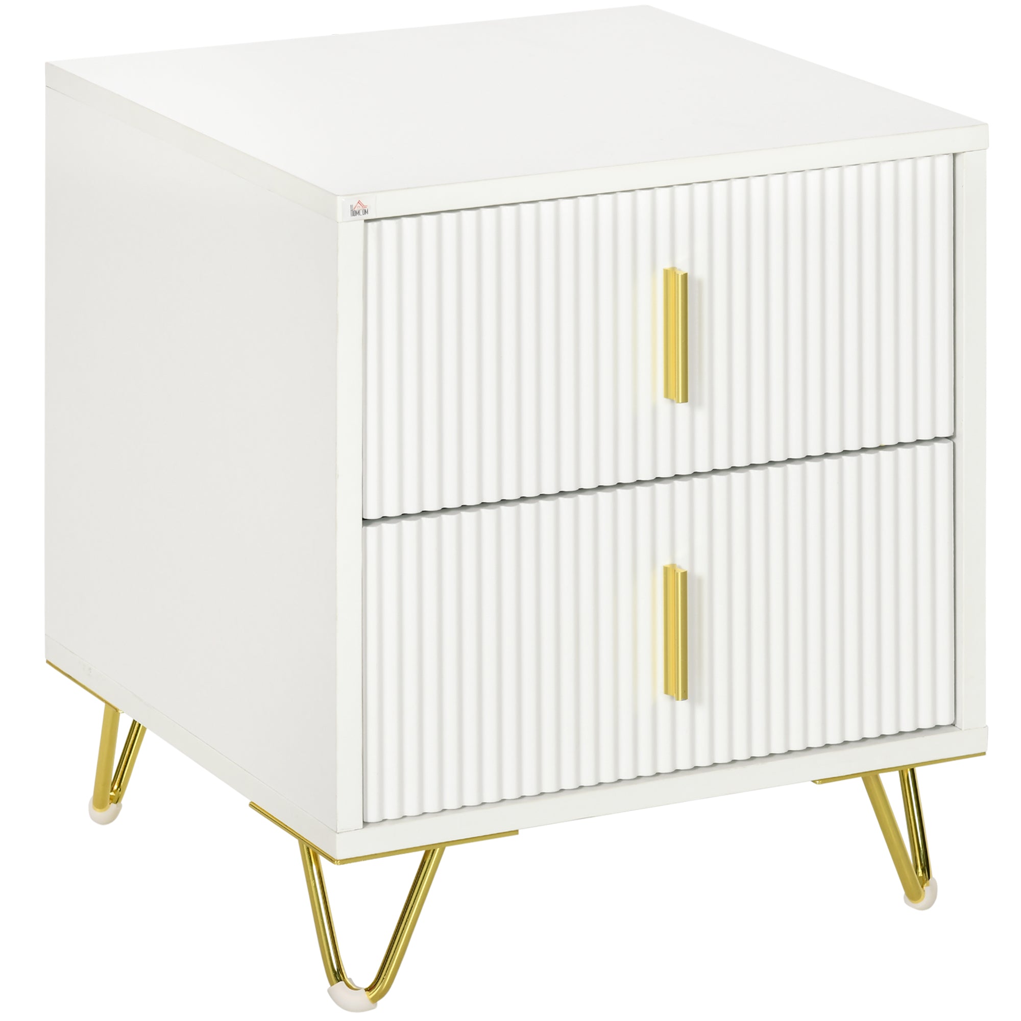 HOMCOM Modern 2 Drawer Dresser, Fluted Bedroom Dresser Chest of Drawers with Metal Legs and Steel Handles for Bedroom, White