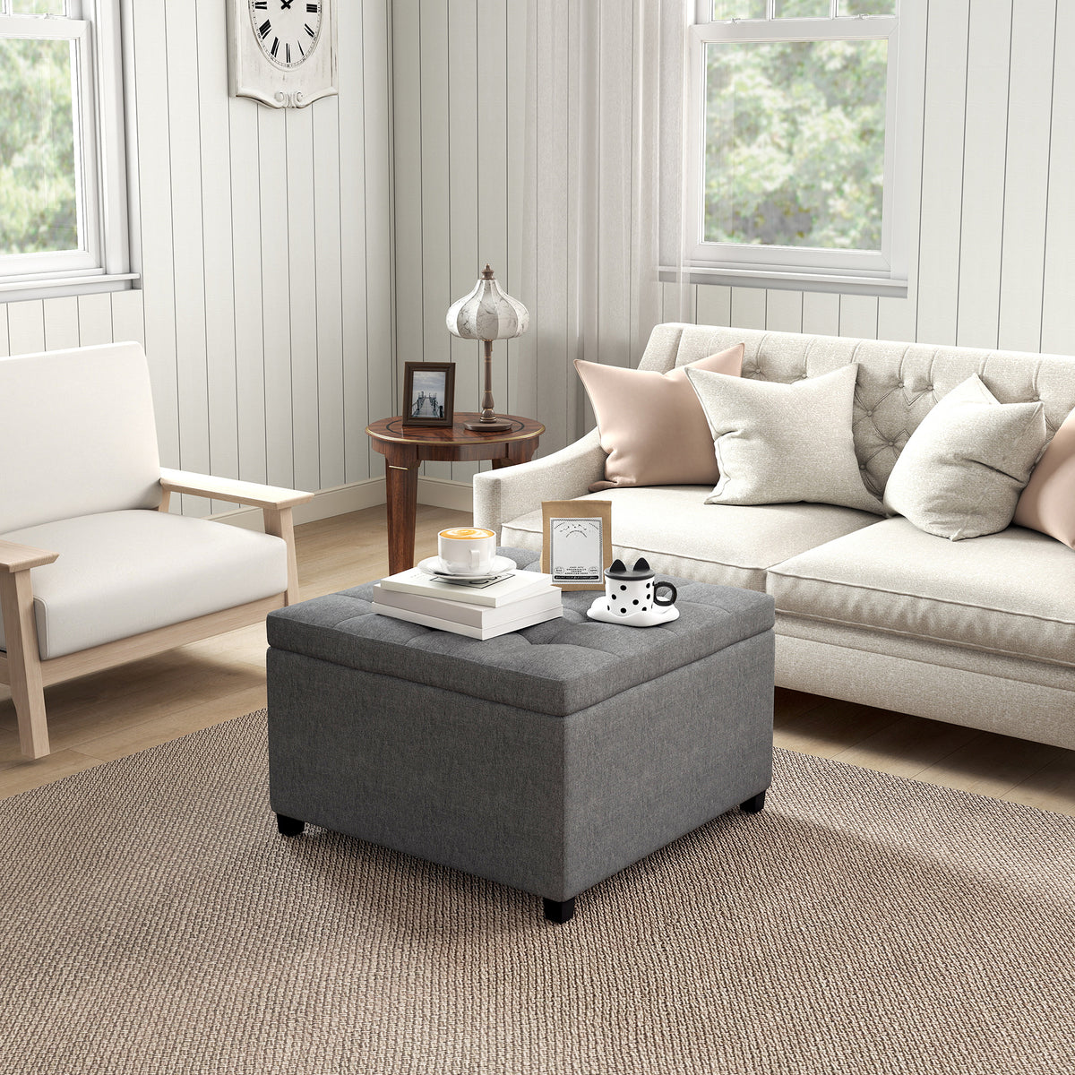 Linen-touch Tufted Storage Ottoman Upholstered Accent Bench Seat Cube Storage Box Footrest Stool, Dark Grey