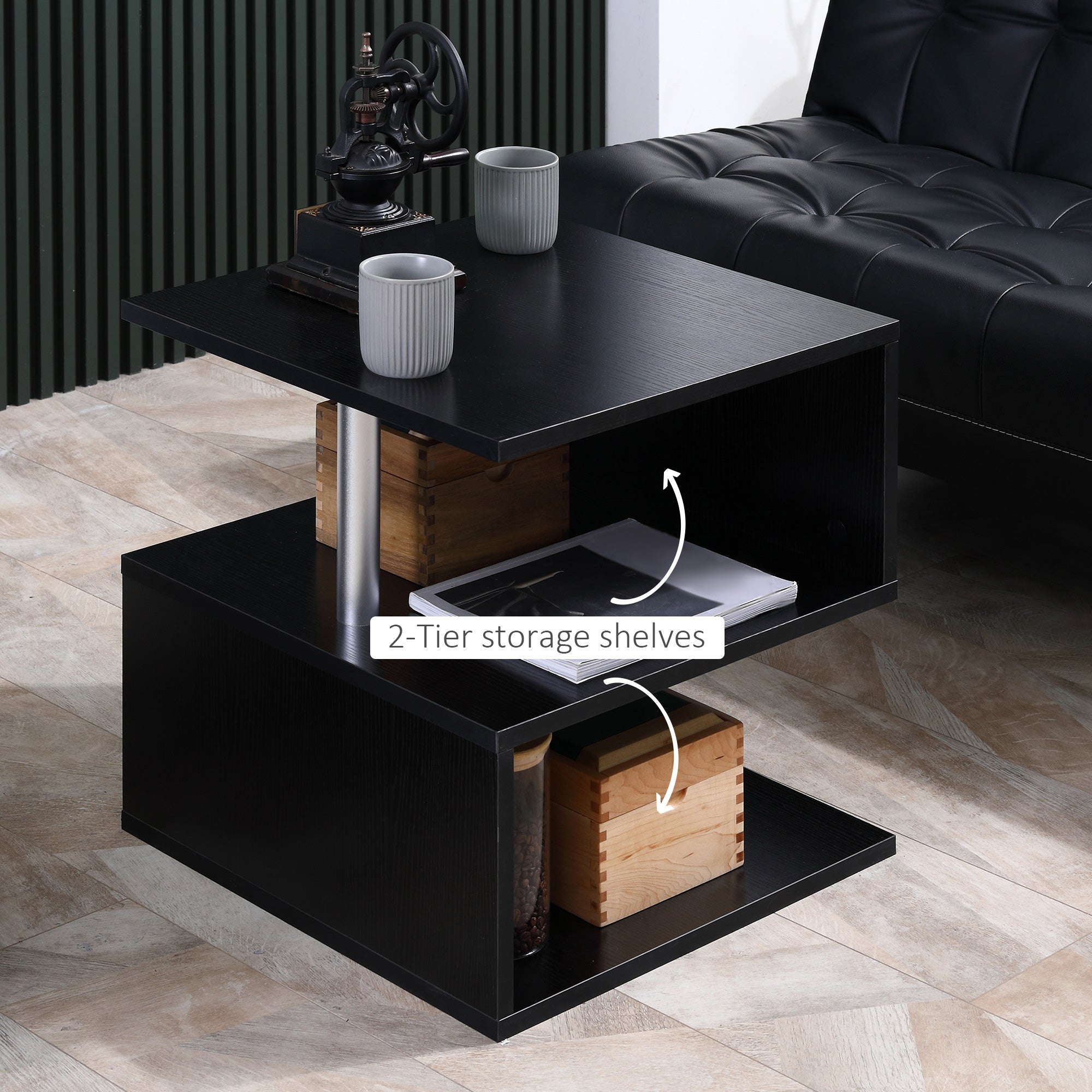 20" Modern End Table Accent Side Table S Shaped Coffee Table with Storage Black