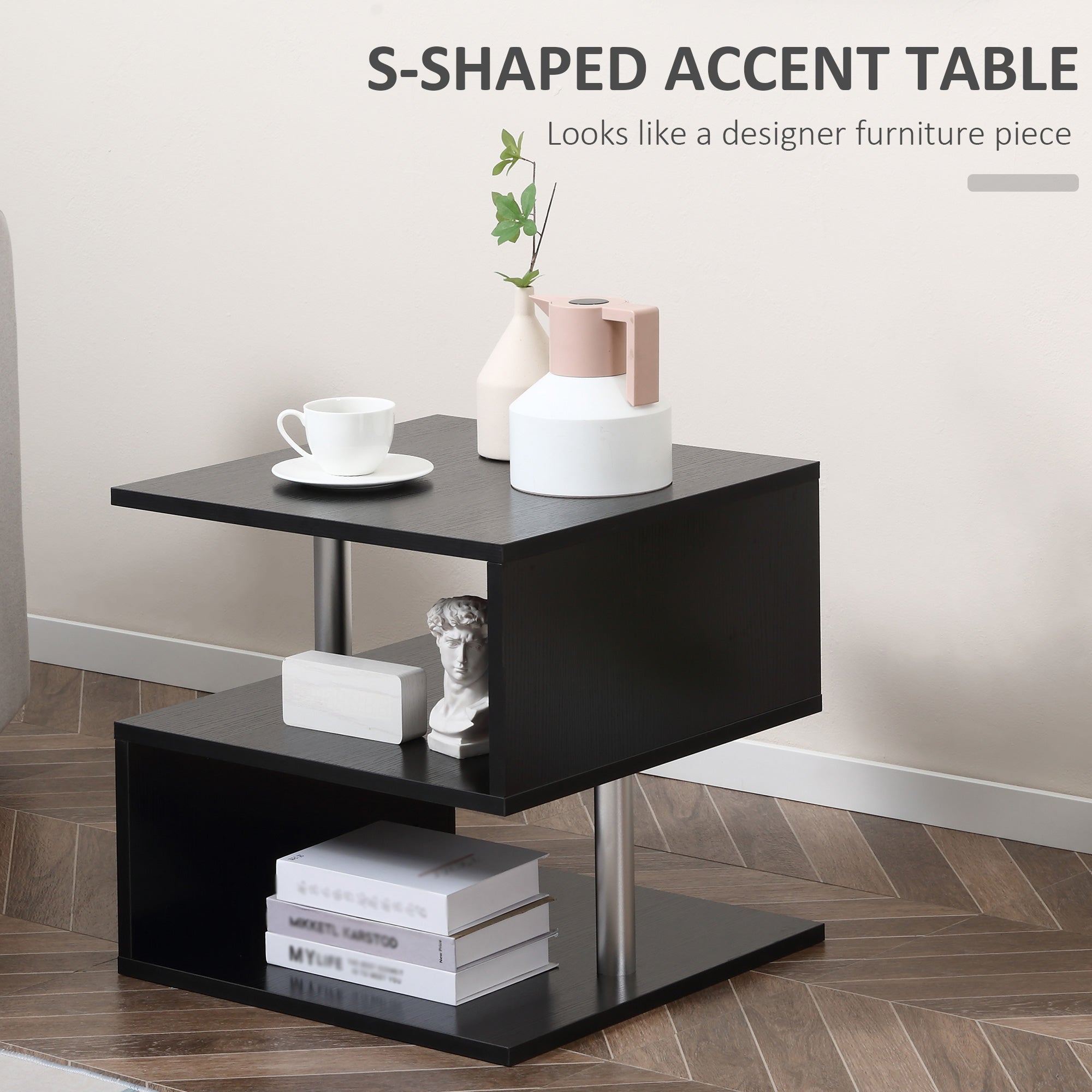 20" Modern End Table Accent Side Table S Shaped Coffee Table with Storage Black