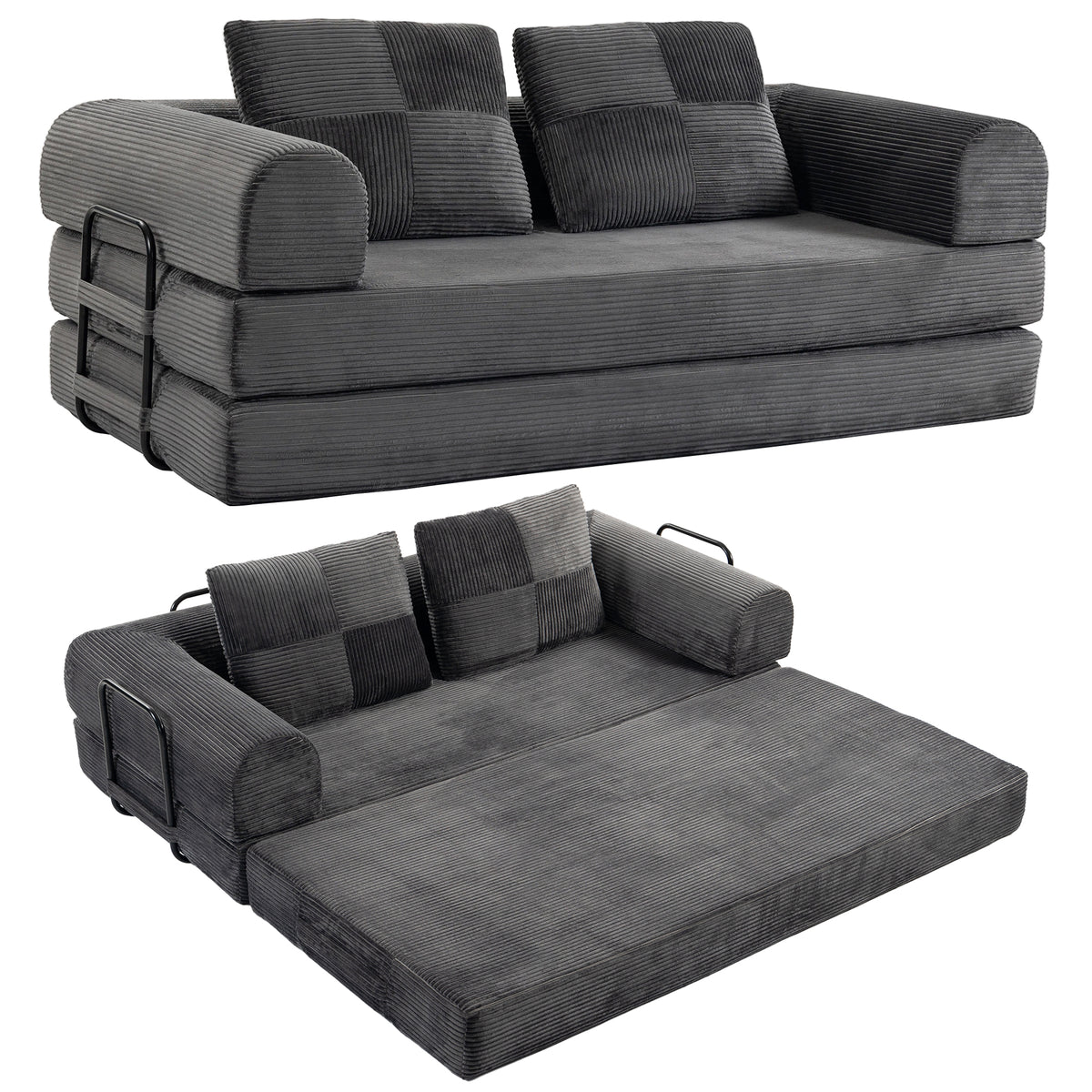 5-in-1 Convertible Sofa Bed, 78.7" Folding Boneless Futon Couch with Fixed-Shape Frame & 2 Pillows, Floor Sofa Loveseat Sleeper for Living Room, Bedroom, Dark Grey