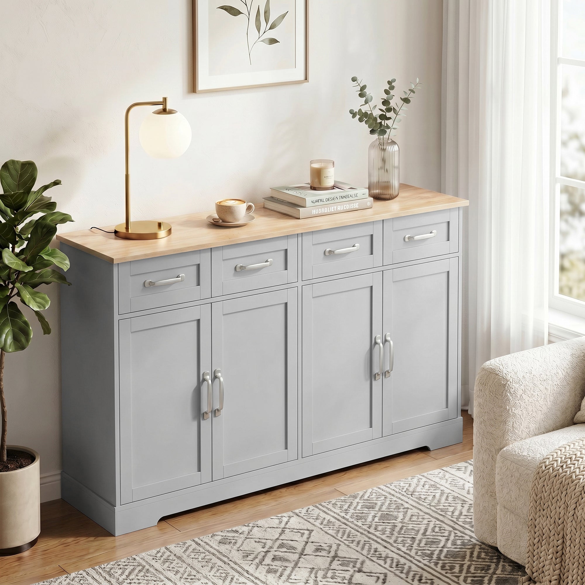 Sideboard Buffet Cabinet, 140 cm Modern Farmhouse Kitchen Storage Cabinet with 4 Drawers, 4 Doors and 2 Adjustable Shelves, Coffee Bar Station, Grey
