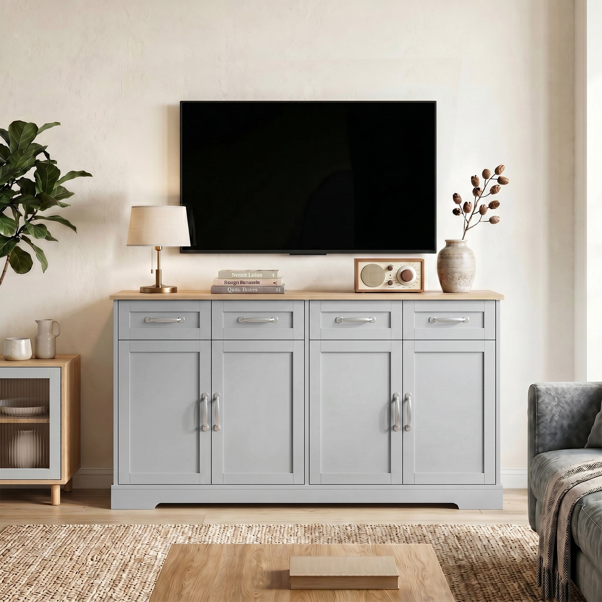 Sideboard Buffet Cabinet, 140 cm Modern Farmhouse Kitchen Storage Cabinet with 4 Drawers, 4 Doors and 2 Adjustable Shelves, Coffee Bar Station, Grey