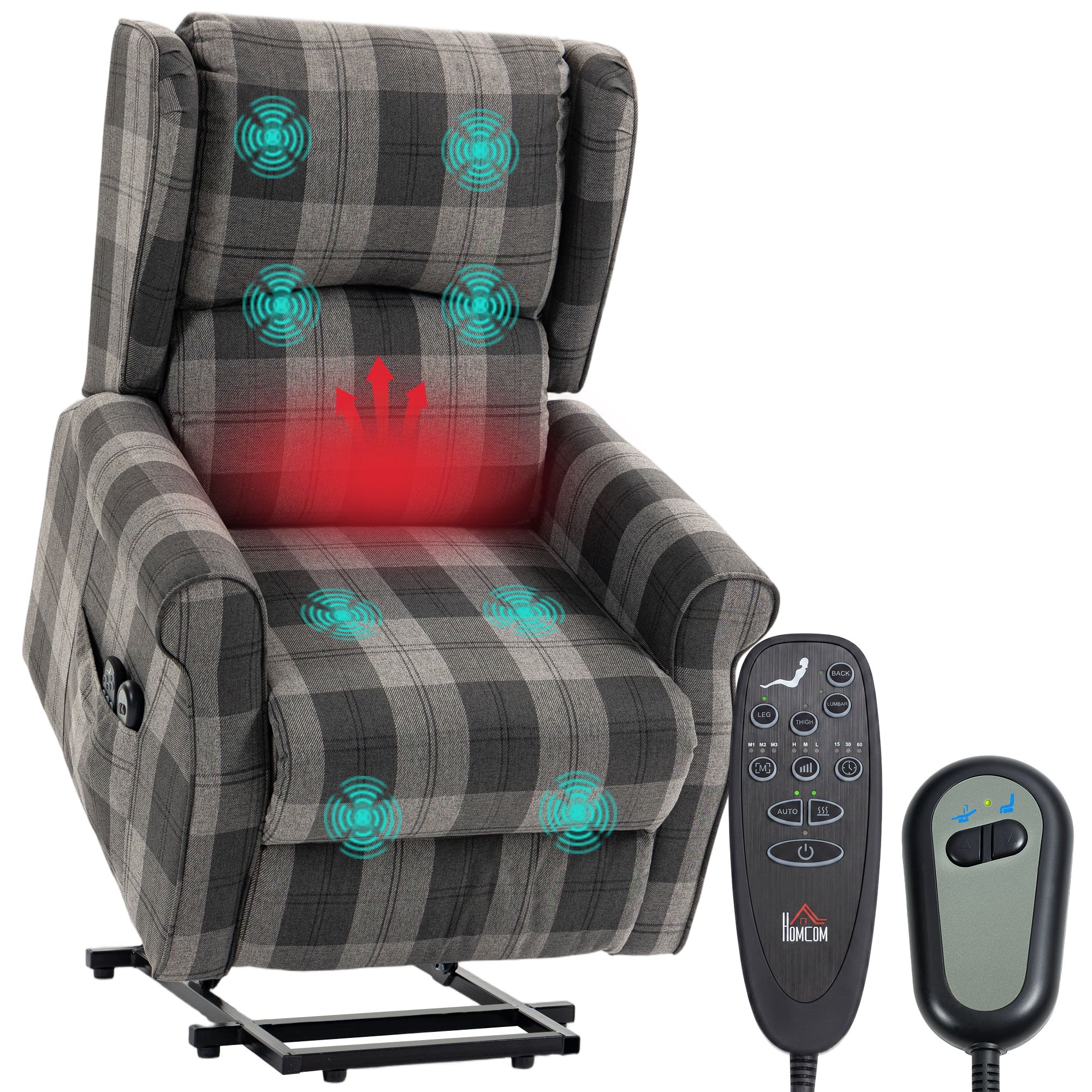 Power Lift Recliner Chair with Vibration Massage and Heat, Checked Electric Lift Chair for Elderly, Fabric Riser and Reclining Armchair with Pocket Spring, Remote, Quick Assembly, Side Pockets
