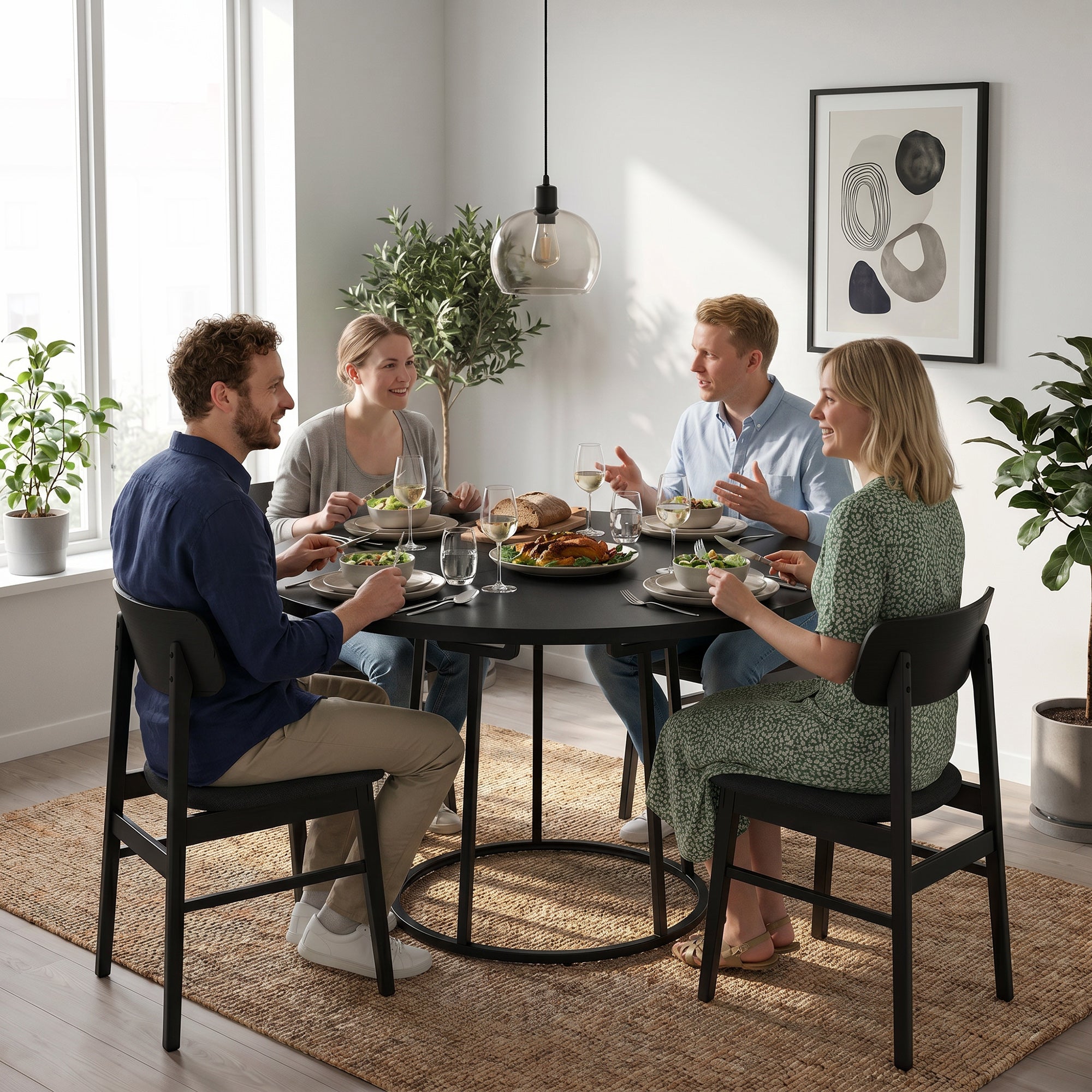 Modern Industrial Dining Table for 4-6 People, 120 cm Round Kitchen Table with Spliced Top and Conical Metal Base for Dining Room, Kitchen, Living Room, Black