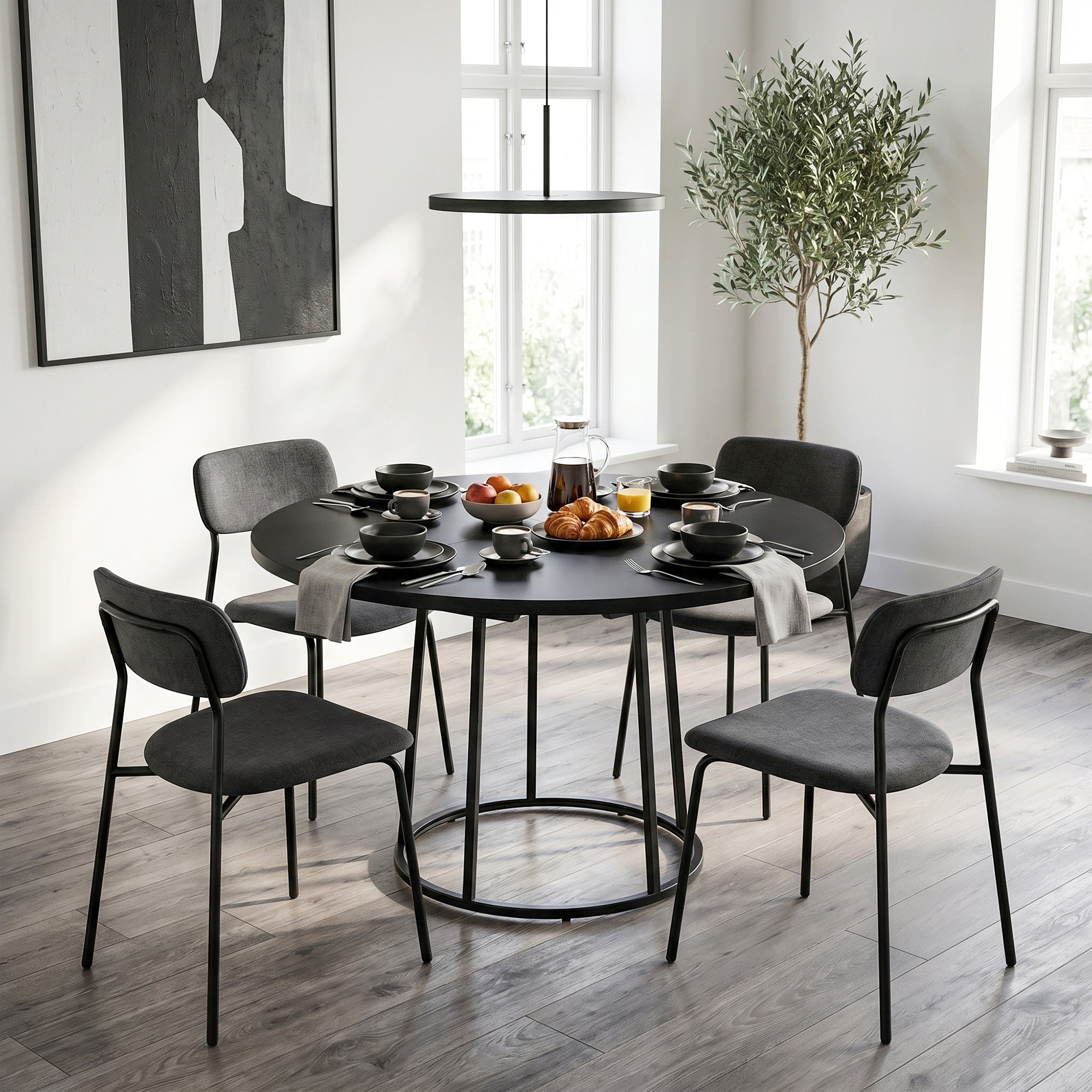 Modern Industrial Dining Table for 4-6 People, 120 cm Round Kitchen Table with Spliced Top and Conical Metal Base for Dining Room, Kitchen, Living Room, Black