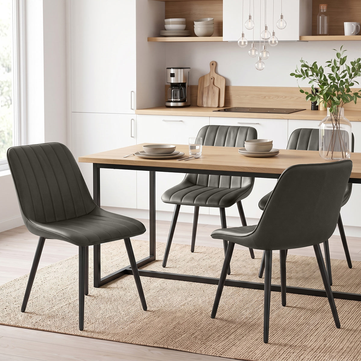 Modern Dining Chairs Set of 2, Curved Faux Leather Upholstered Kitchen Chairs with Metal Legs for Dining Room, Kitchen, Living Room, Grey