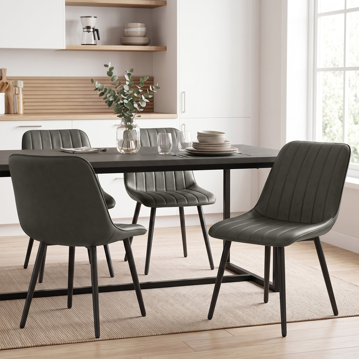 Modern Dining Chairs Set of 2, Curved Faux Leather Upholstered Kitchen Chairs with Metal Legs for Dining Room, Kitchen, Living Room, Grey