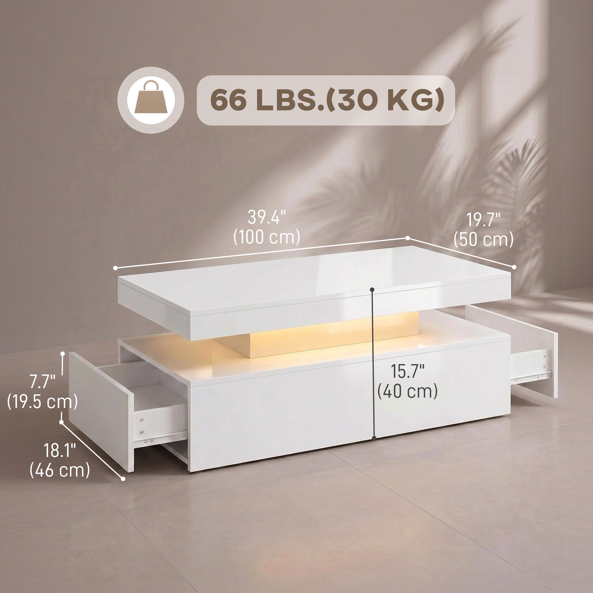 LED Coffee Table with Storage, 2-Tier Modern Rectangular Center Table with 2 Drawers and Open Compartment for Living Room, High Gloss White