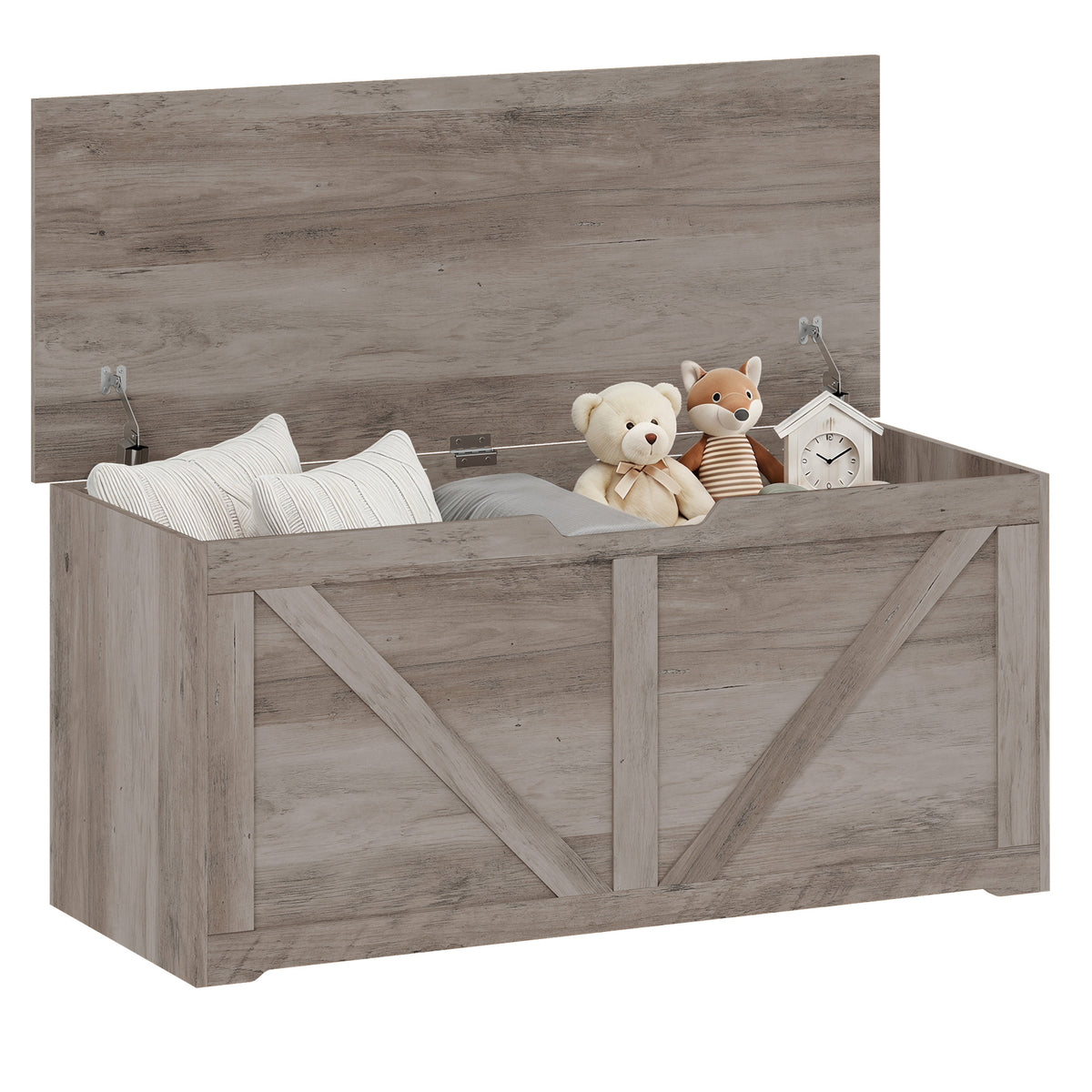Storage Chest, Storage Bench with 2 Safety Hinges and U-shaped Cut-out Pull for Living Room, Entryway, 39.4" x 15.7" x 17.7", Supports 300 lbs, Grey Wood Grain