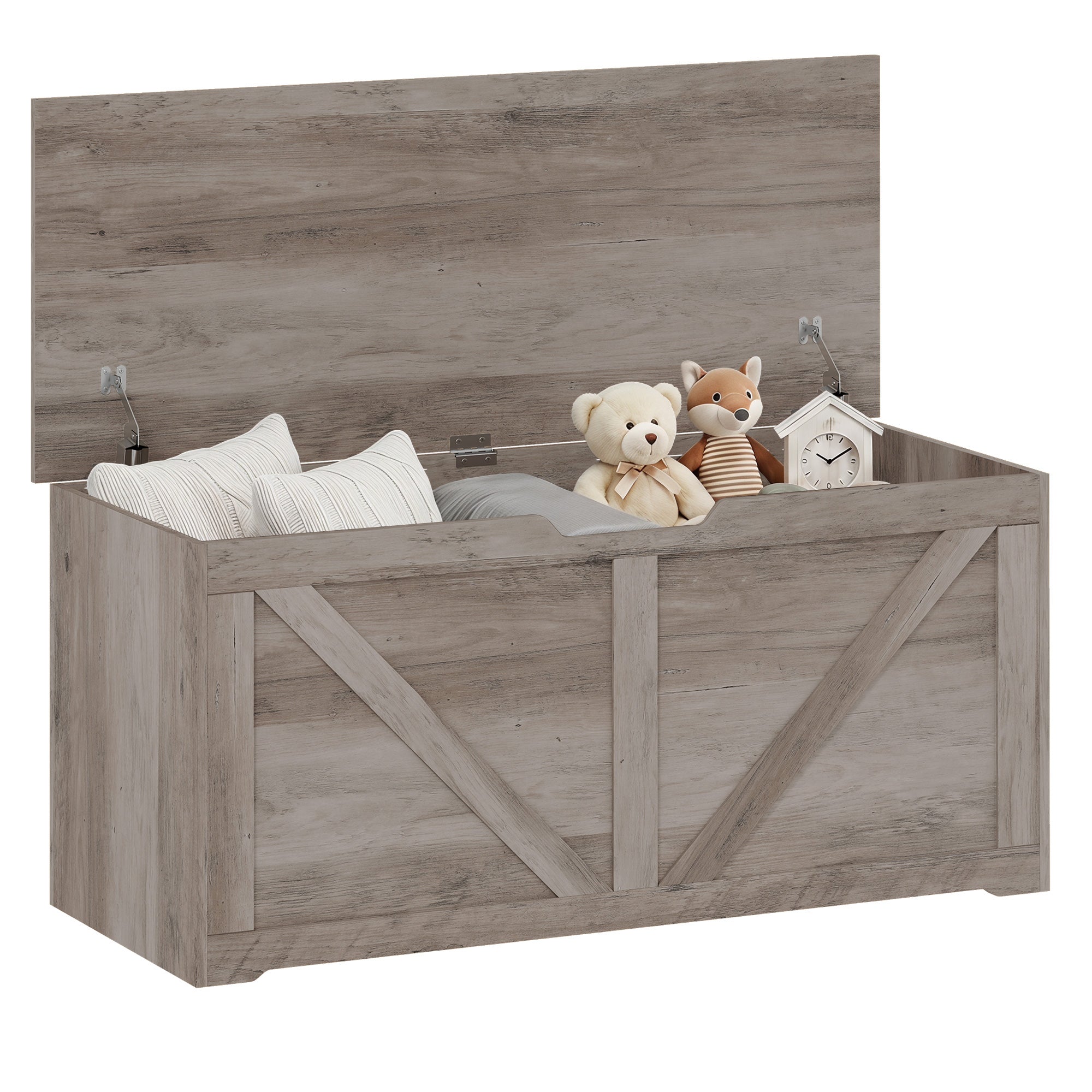 127L Storage Chest, Shoe Storage Trunk Bench Box with 2 Safety Hinges and U-shaped Cut-out Pull, Blanket Box Ottoman for Bedroom, Living Room, Entryway, 100 x 40 x 45 cm, Grey Wood-Effect