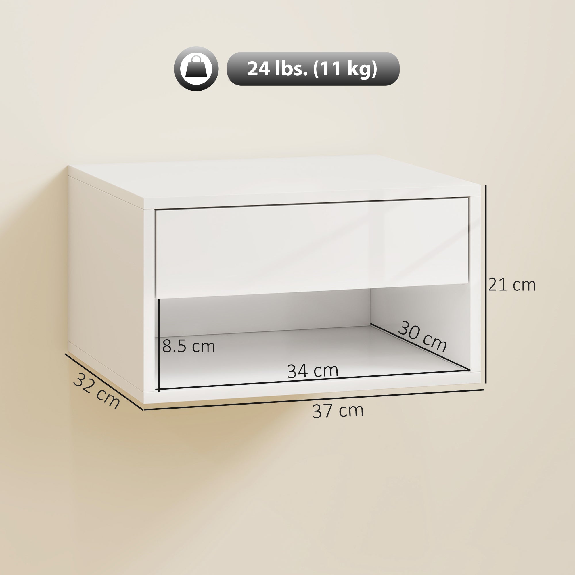Floating Bedside Tables Set of 2, Wall Mounted Nightstand with Drawer and Open Shelf for Bedroom, High Gloss White